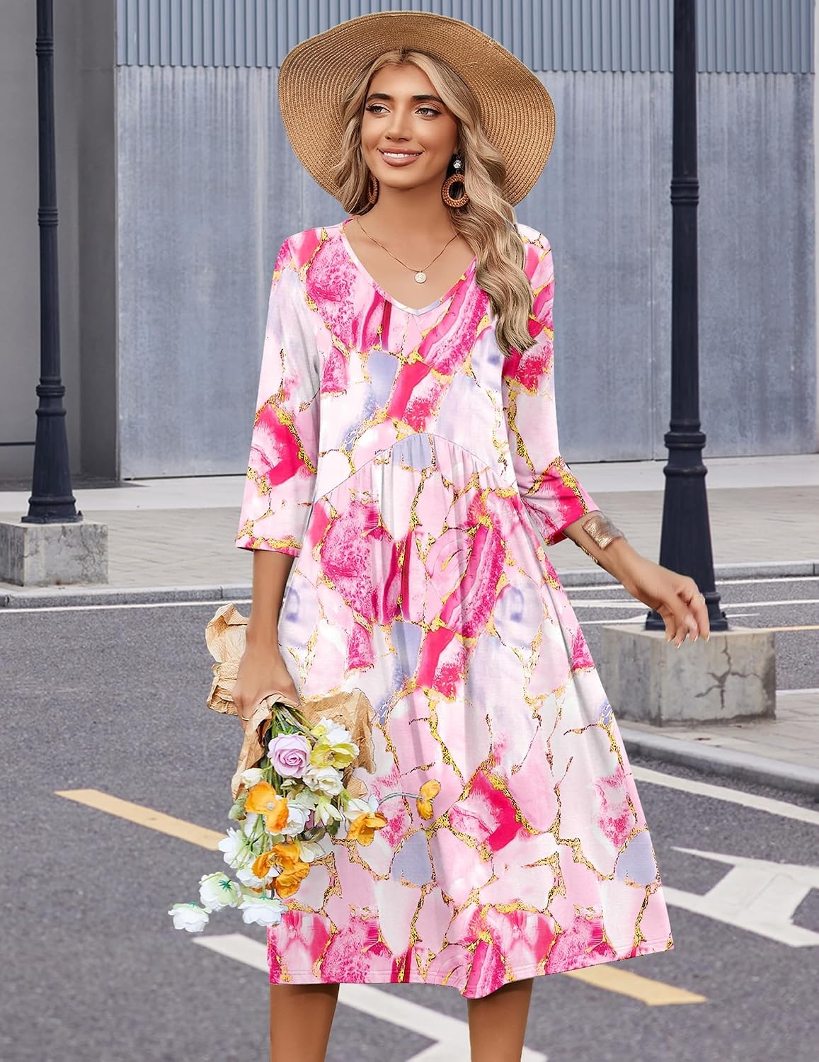 image:imageZeagoo Summer Dresses for Women 2026 34 Sleeve Casual Midi Tshirt DressesPink