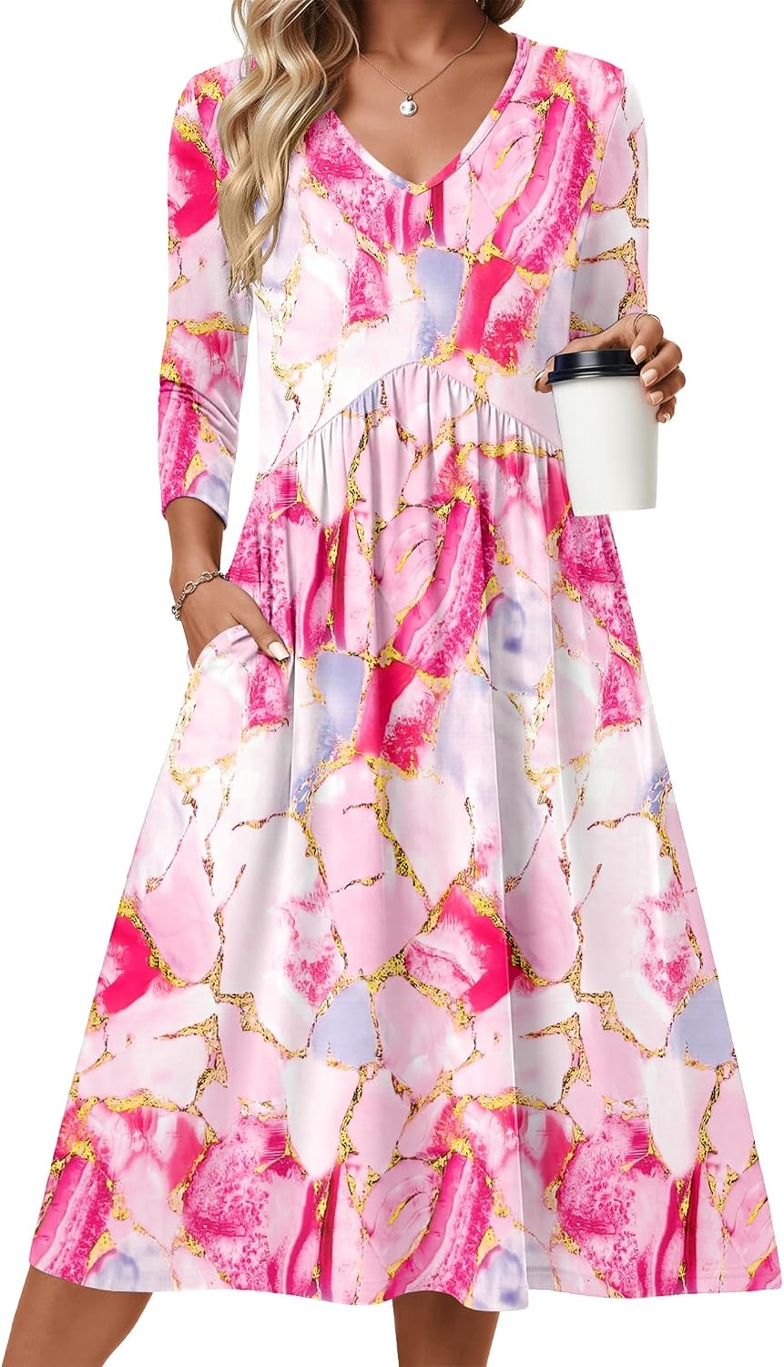 image:imageZeagoo Summer Dresses for Women 2026 34 Sleeve Casual Midi Tshirt DressesPink