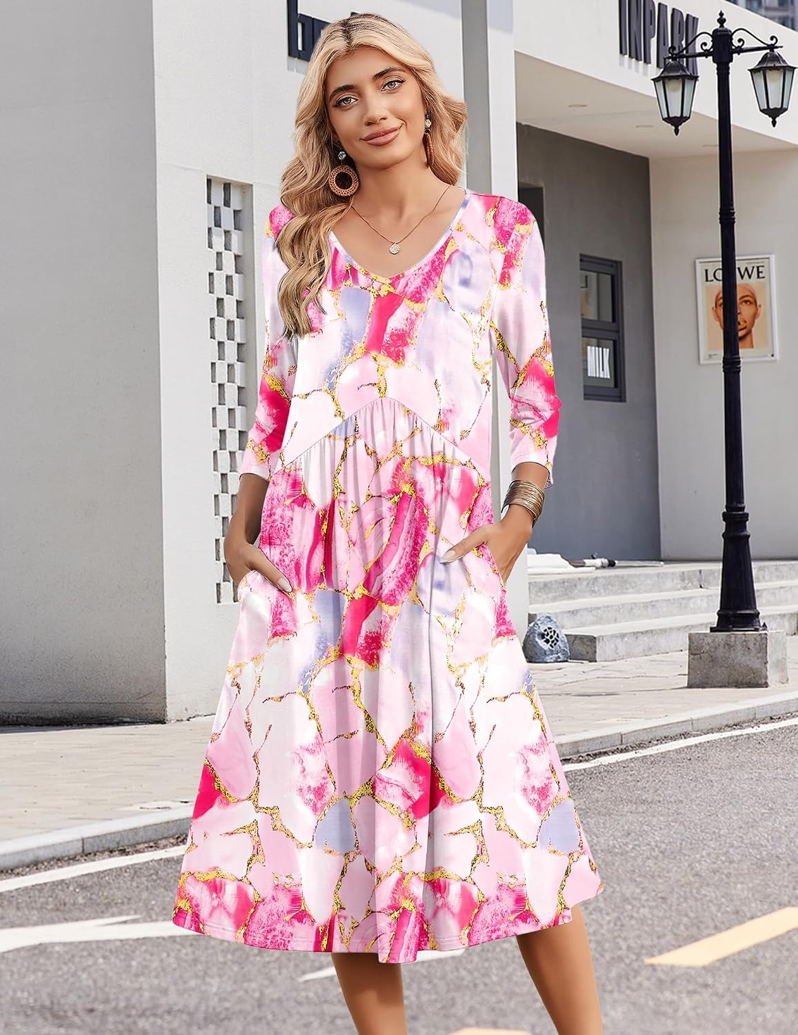 image:imageZeagoo Summer Dresses for Women 2026 34 Sleeve Casual Midi Tshirt DressesPink
