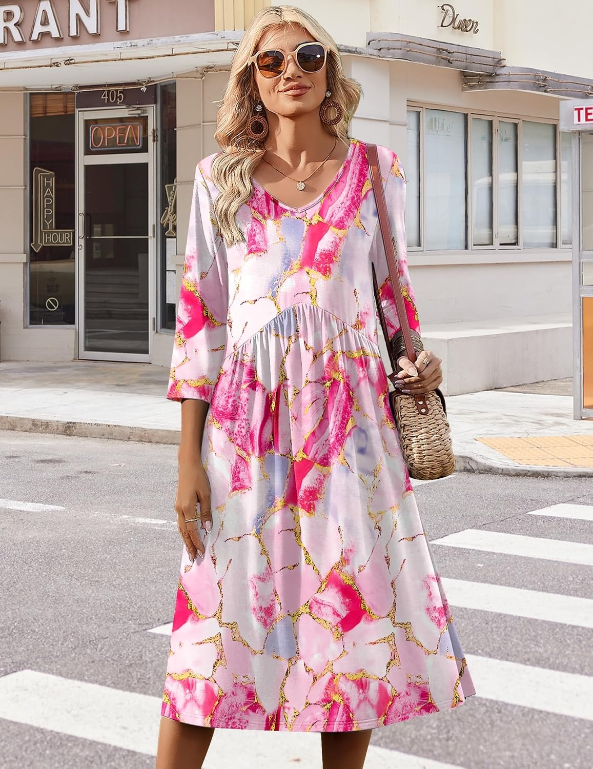 image:imageZeagoo Summer Dresses for Women 2026 34 Sleeve Casual Midi Tshirt DressesPink