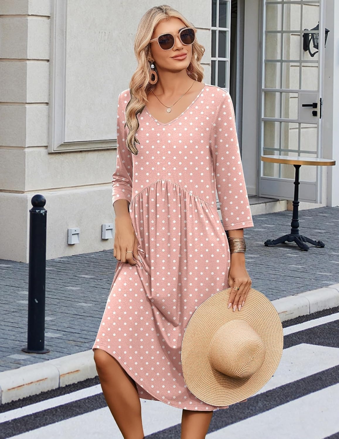 image:imageZeagoo Summer Dresses for Women 2026 34 Sleeve Casual Midi Tshirt DressesPink Jh1