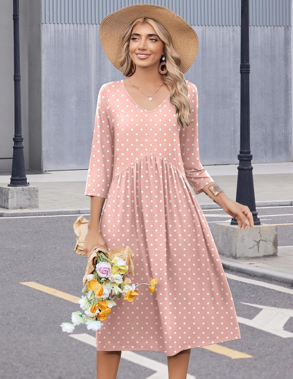 image:imageZeagoo Summer Dresses for Women 2026 34 Sleeve Casual Midi Tshirt DressesPink Jh1
