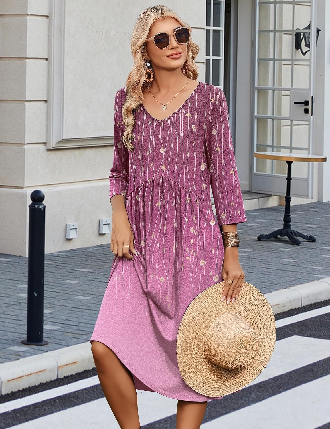 image:imageZeagoo Summer Dresses for Women 2026 34 Sleeve Casual Midi Tshirt DressesPurple