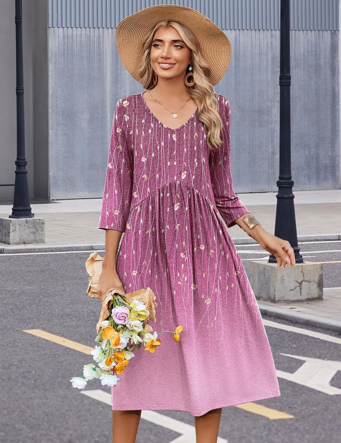 image:imageZeagoo Summer Dresses for Women 2026 34 Sleeve Casual Midi Tshirt DressesPurple