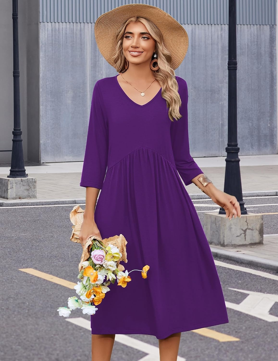 image:imageZeagoo Summer Dresses for Women 2026 34 Sleeve Casual Midi Tshirt DressesSolid Purple