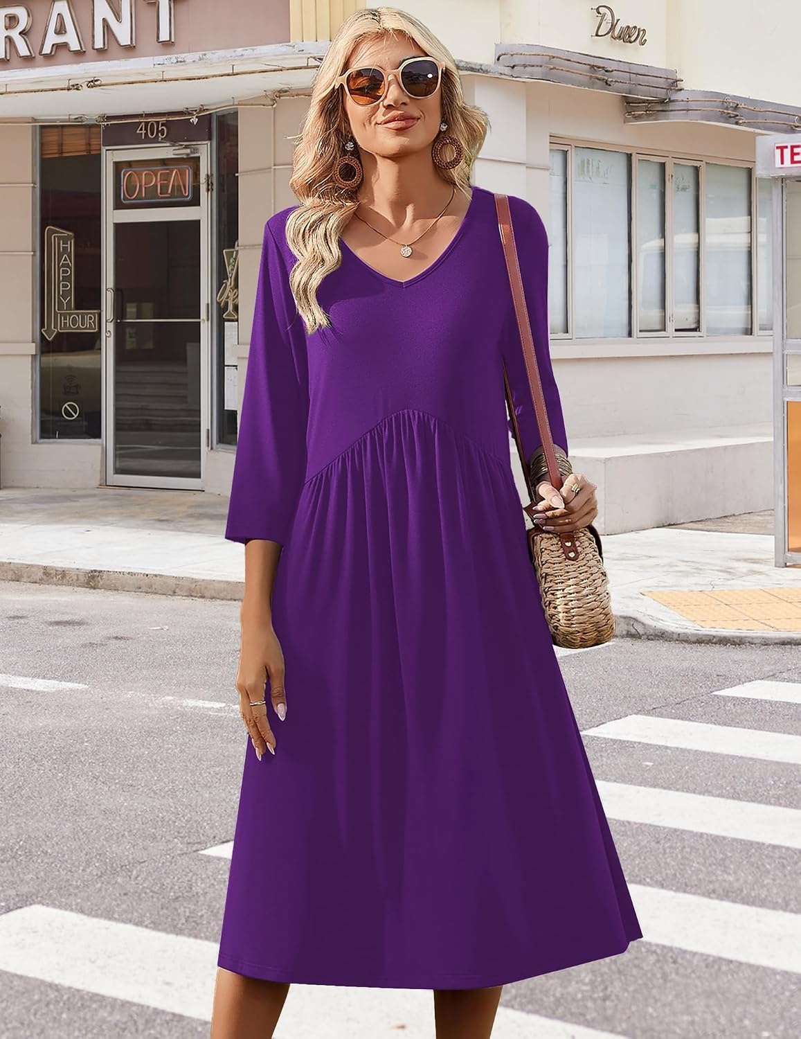 image:imageZeagoo Summer Dresses for Women 2026 34 Sleeve Casual Midi Tshirt DressesSolid Purple