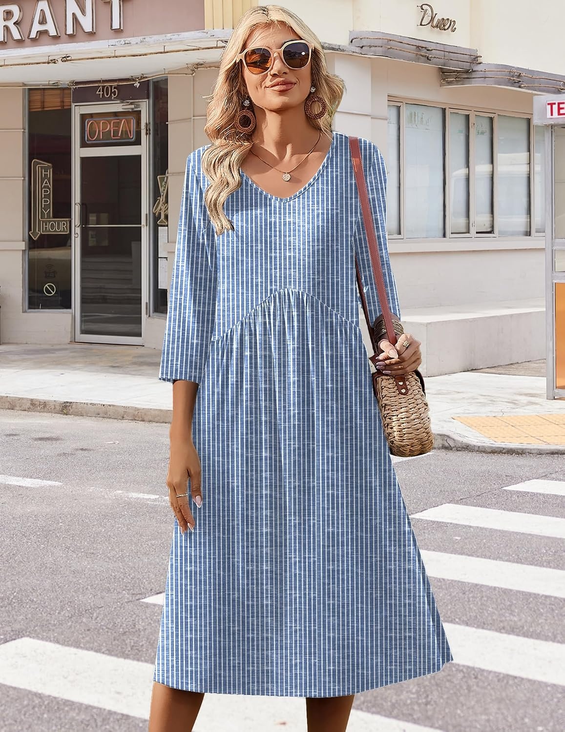 image:imageZeagoo Summer Dresses for Women 2026 34 Sleeve Casual Midi Tshirt DressesStripe Tz273