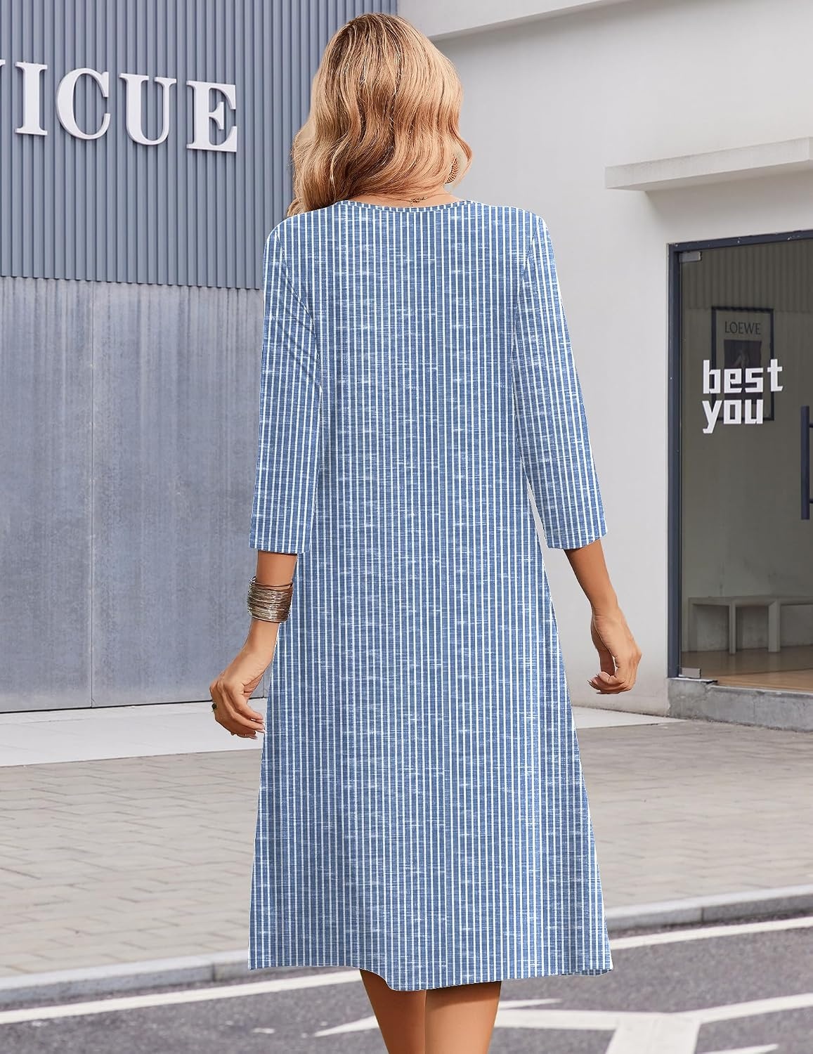 image:imageZeagoo Summer Dresses for Women 2026 34 Sleeve Casual Midi Tshirt DressesStripe Tz273