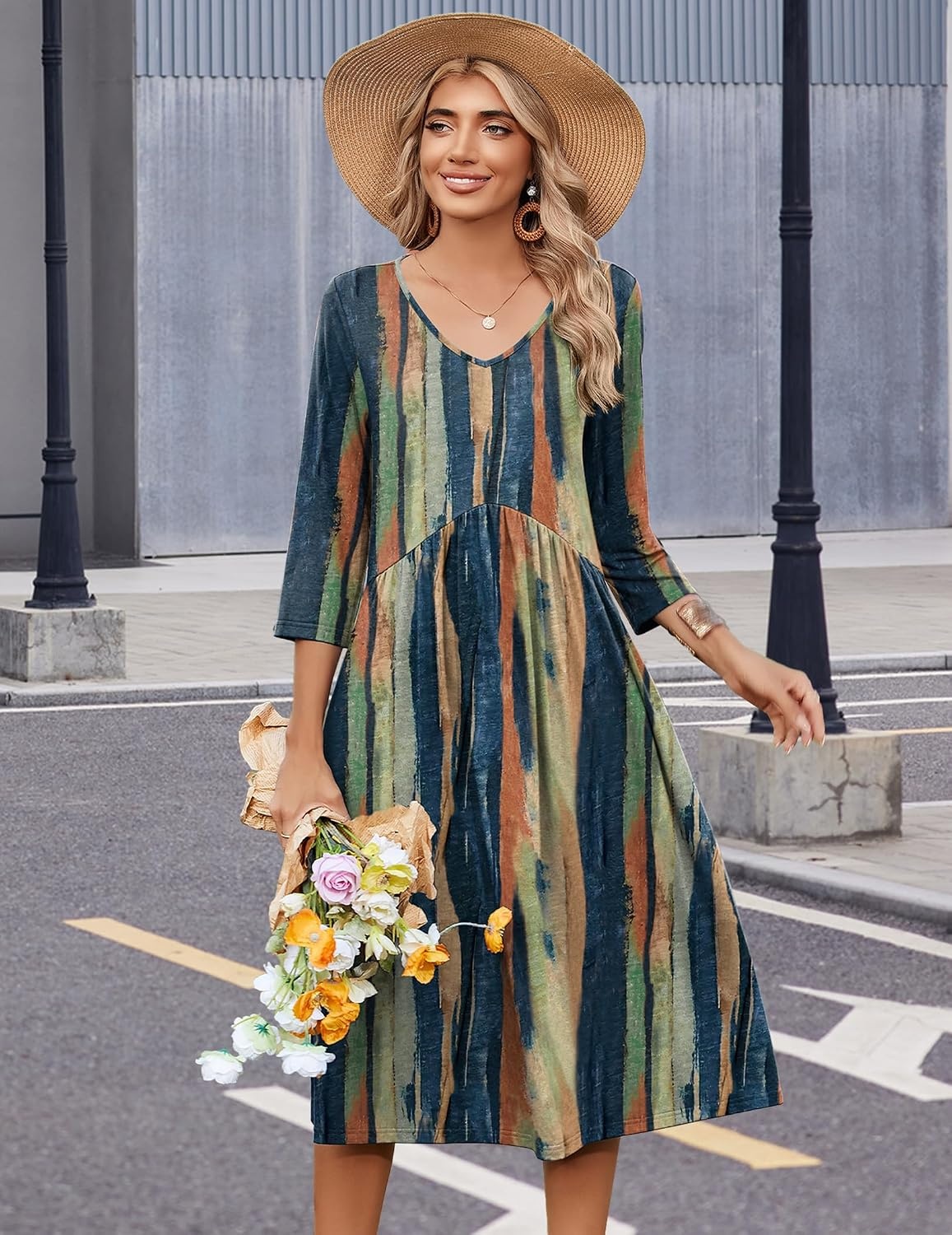 image:imageZeagoo Summer Dresses for Women 2026 34 Sleeve Casual Midi Tshirt DressesTie Dye