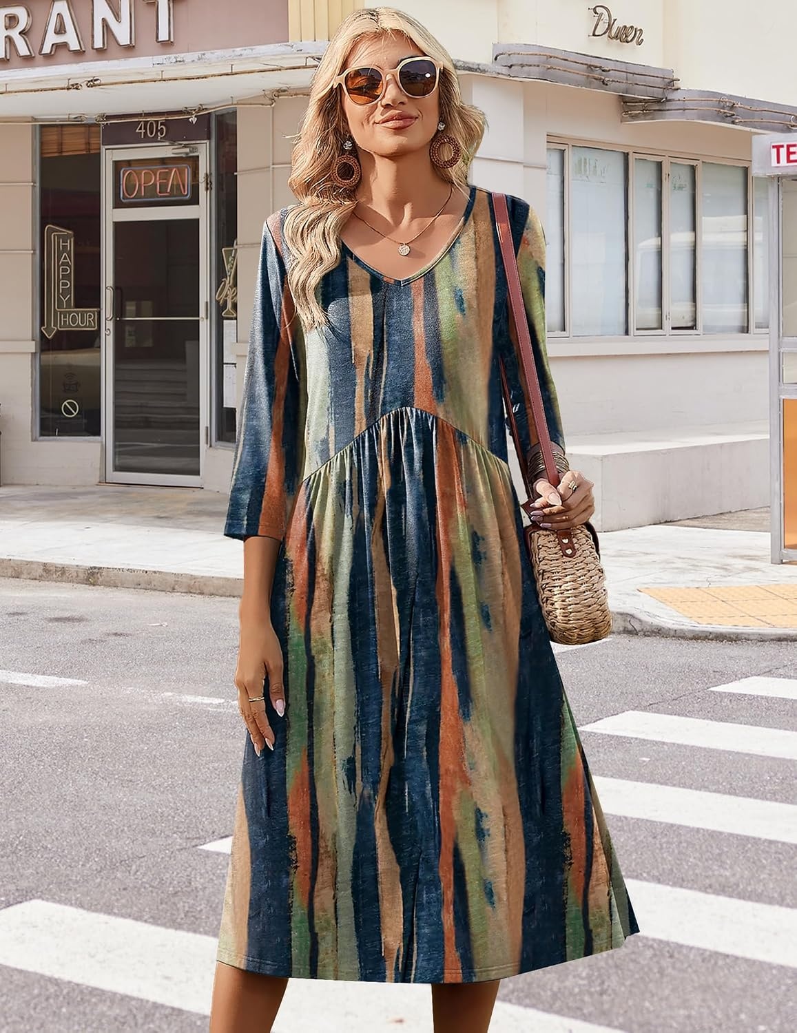 image:imageZeagoo Summer Dresses for Women 2026 34 Sleeve Casual Midi Tshirt DressesTie Dye