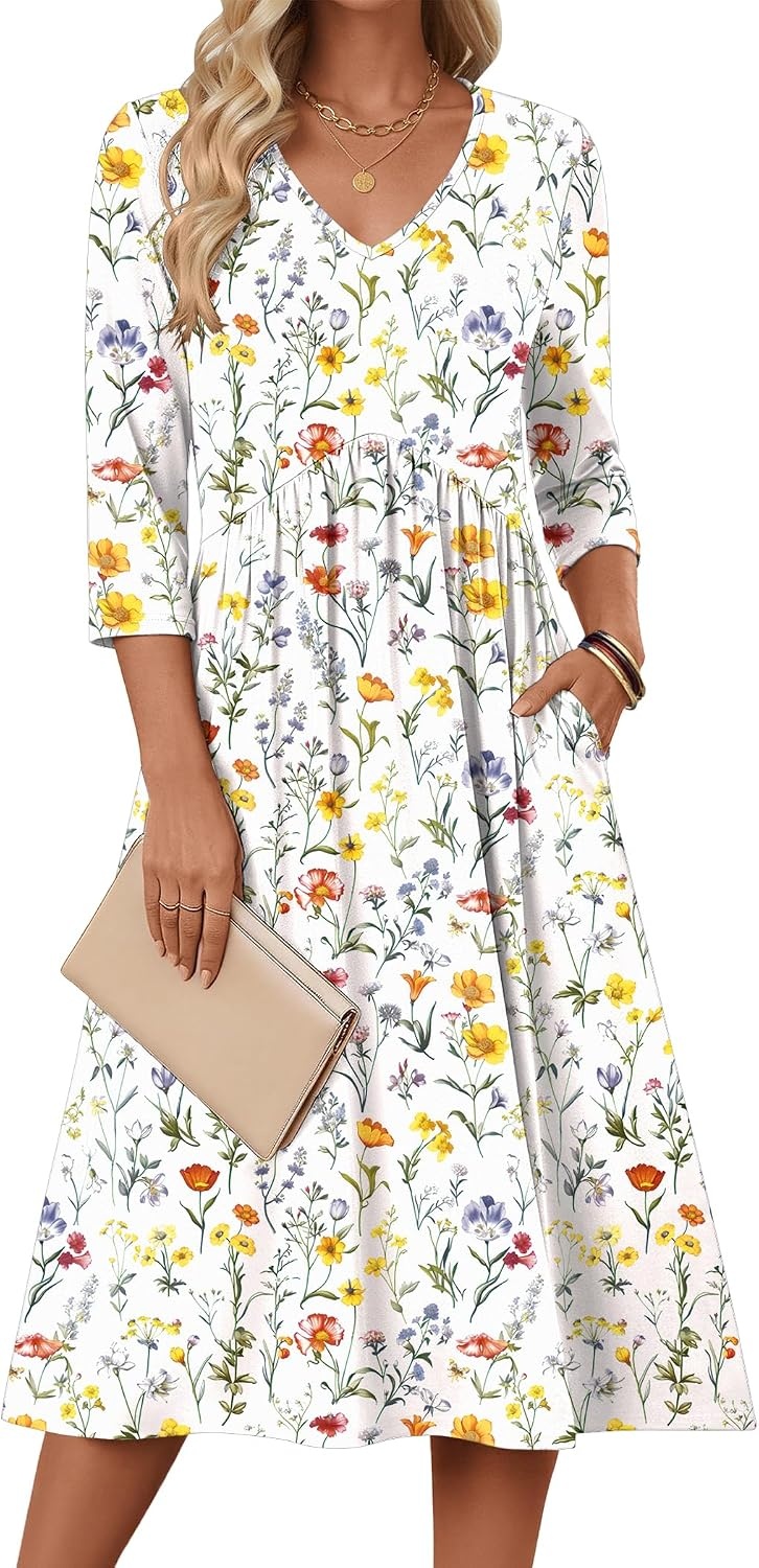 image:imageZeagoo Summer Dresses for Women 2026 34 Sleeve Casual Midi Tshirt DressesWhite Floral