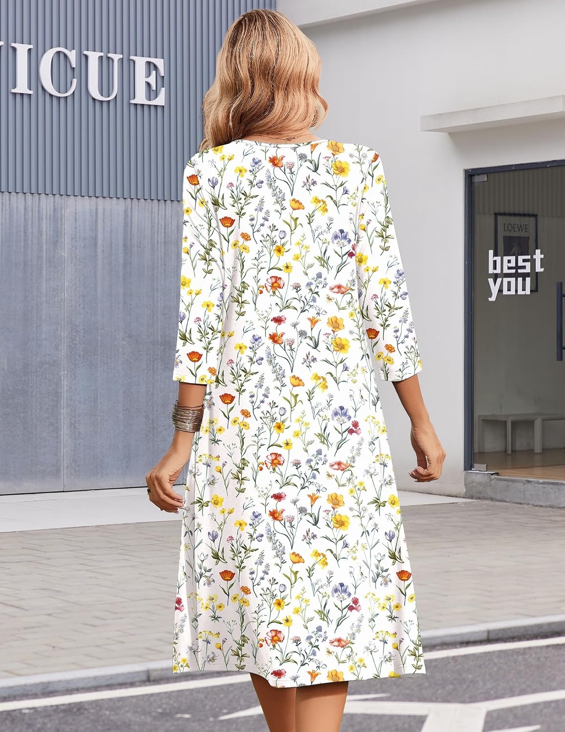 image:imageZeagoo Summer Dresses for Women 2026 34 Sleeve Casual Midi Tshirt DressesWhite Floral