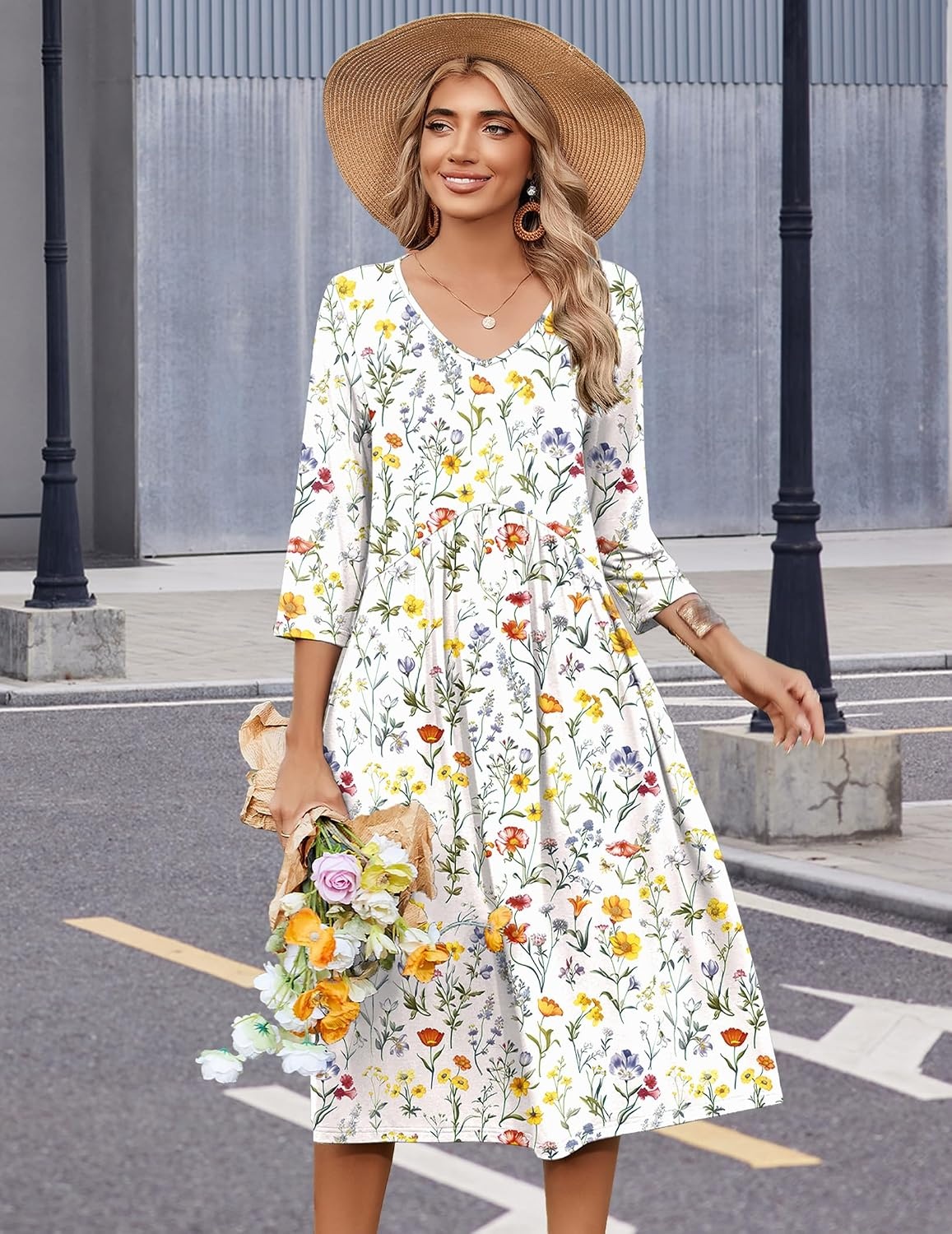 image:imageZeagoo Summer Dresses for Women 2026 34 Sleeve Casual Midi Tshirt DressesWhite Floral