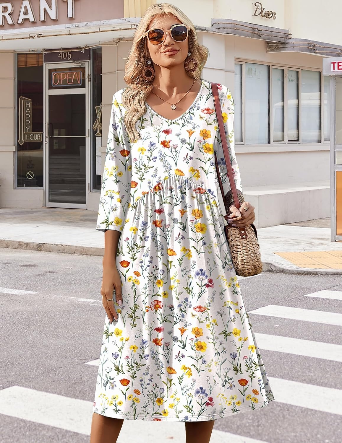 image:imageZeagoo Summer Dresses for Women 2026 34 Sleeve Casual Midi Tshirt DressesWhite Floral
