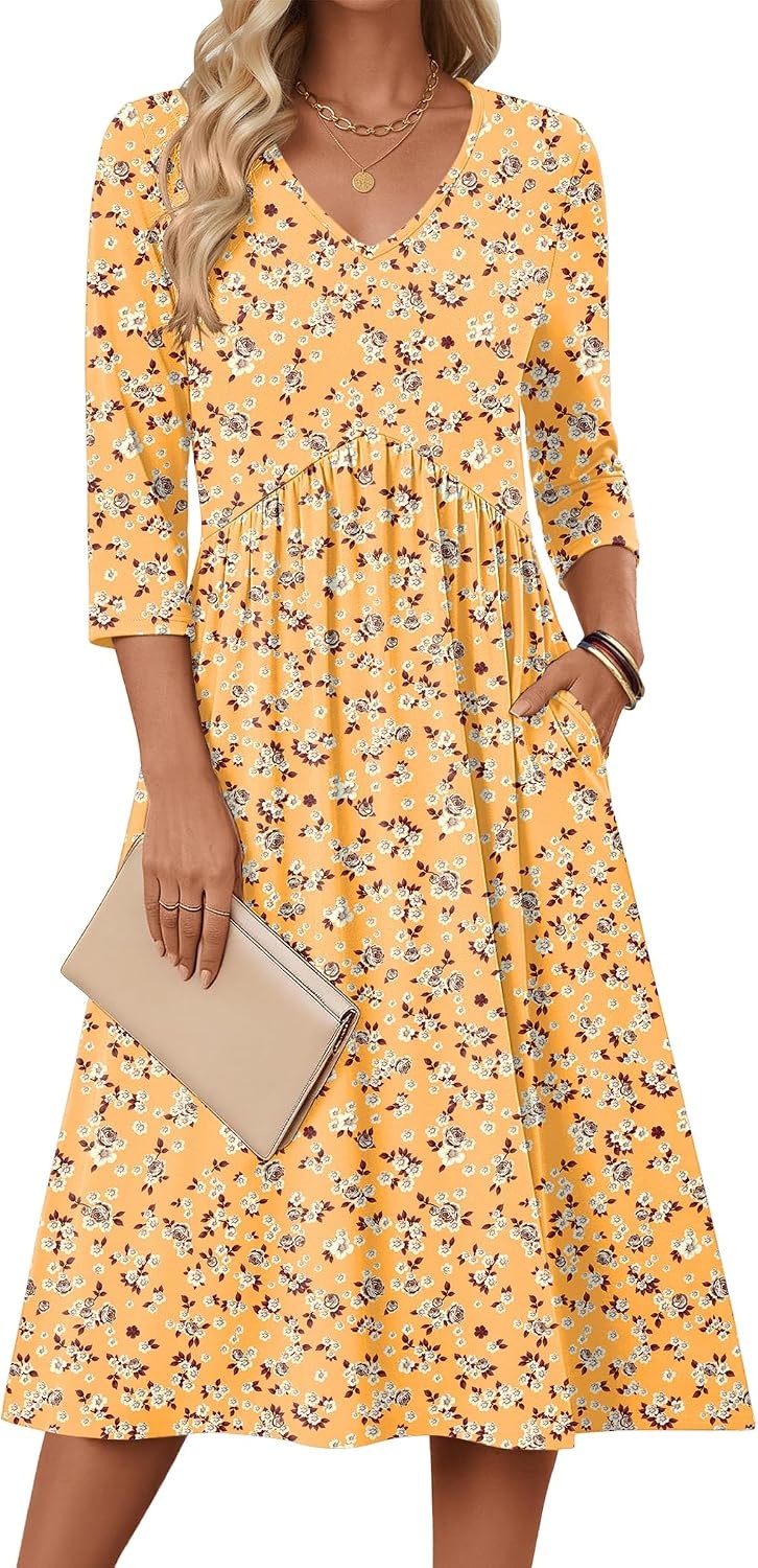 image:imageZeagoo Summer Dresses for Women 2026 34 Sleeve Casual Midi Tshirt DressesYellow Floral
