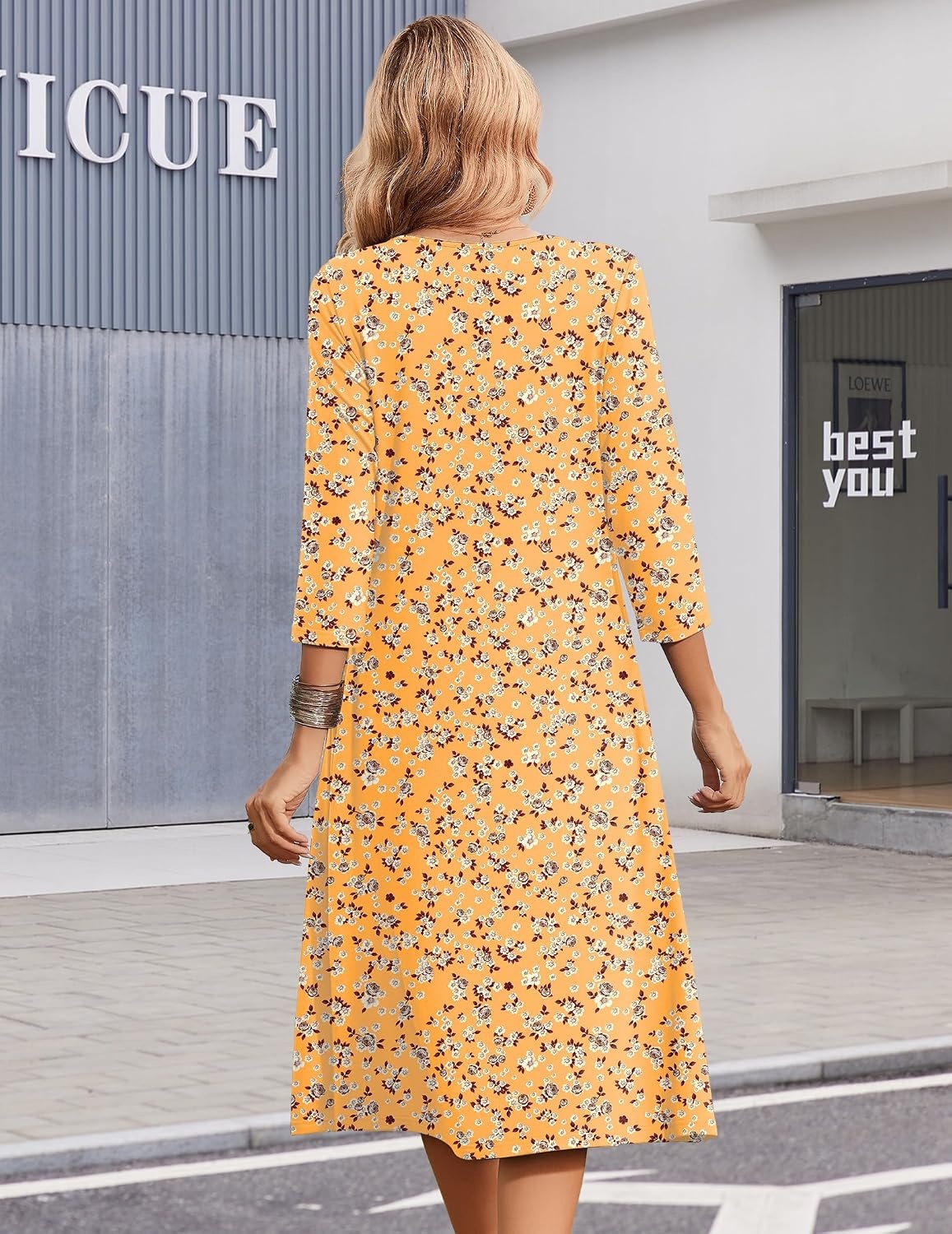 image:imageZeagoo Summer Dresses for Women 2026 34 Sleeve Casual Midi Tshirt DressesYellow Floral