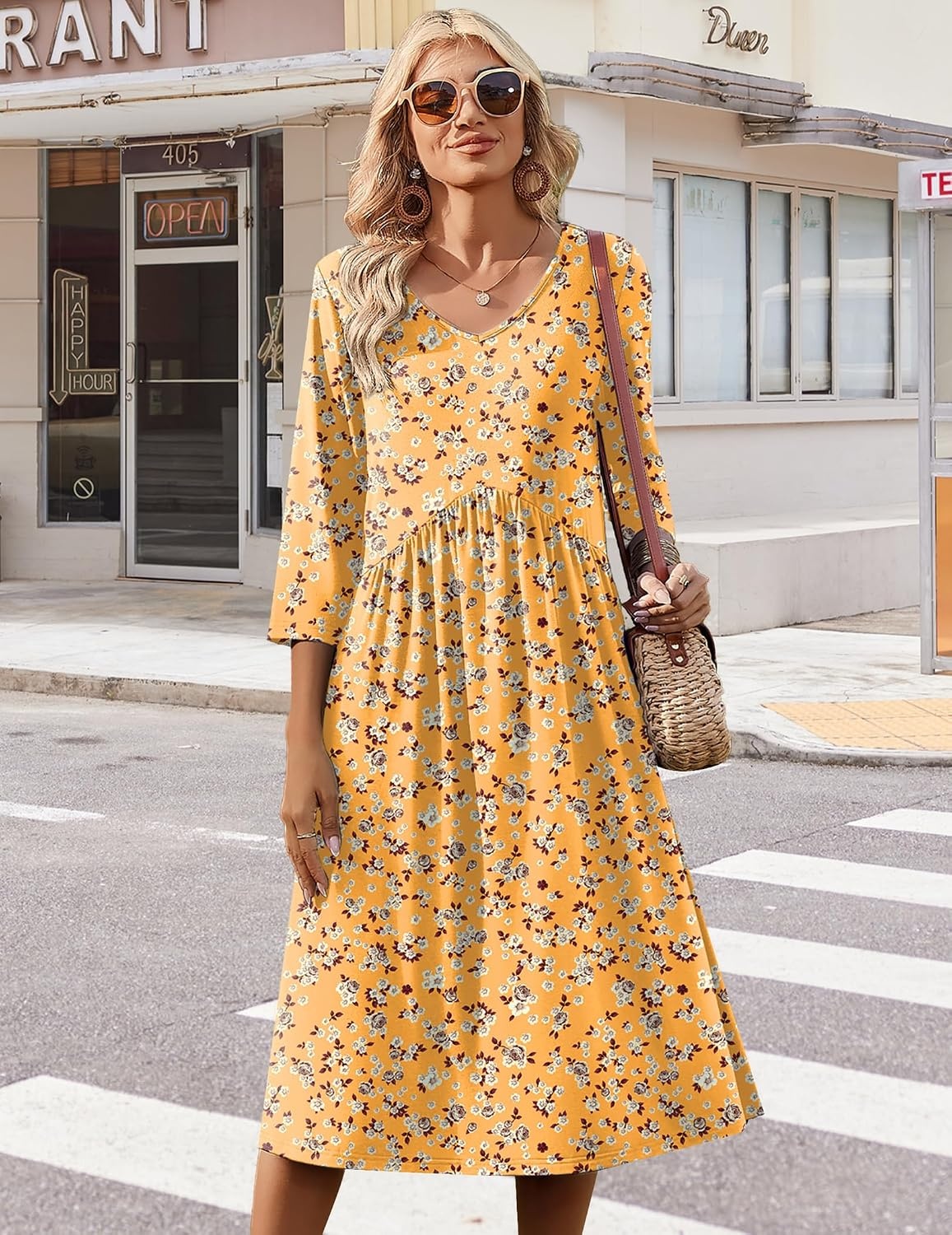 image:imageZeagoo Summer Dresses for Women 2026 34 Sleeve Casual Midi Tshirt DressesYellow Floral