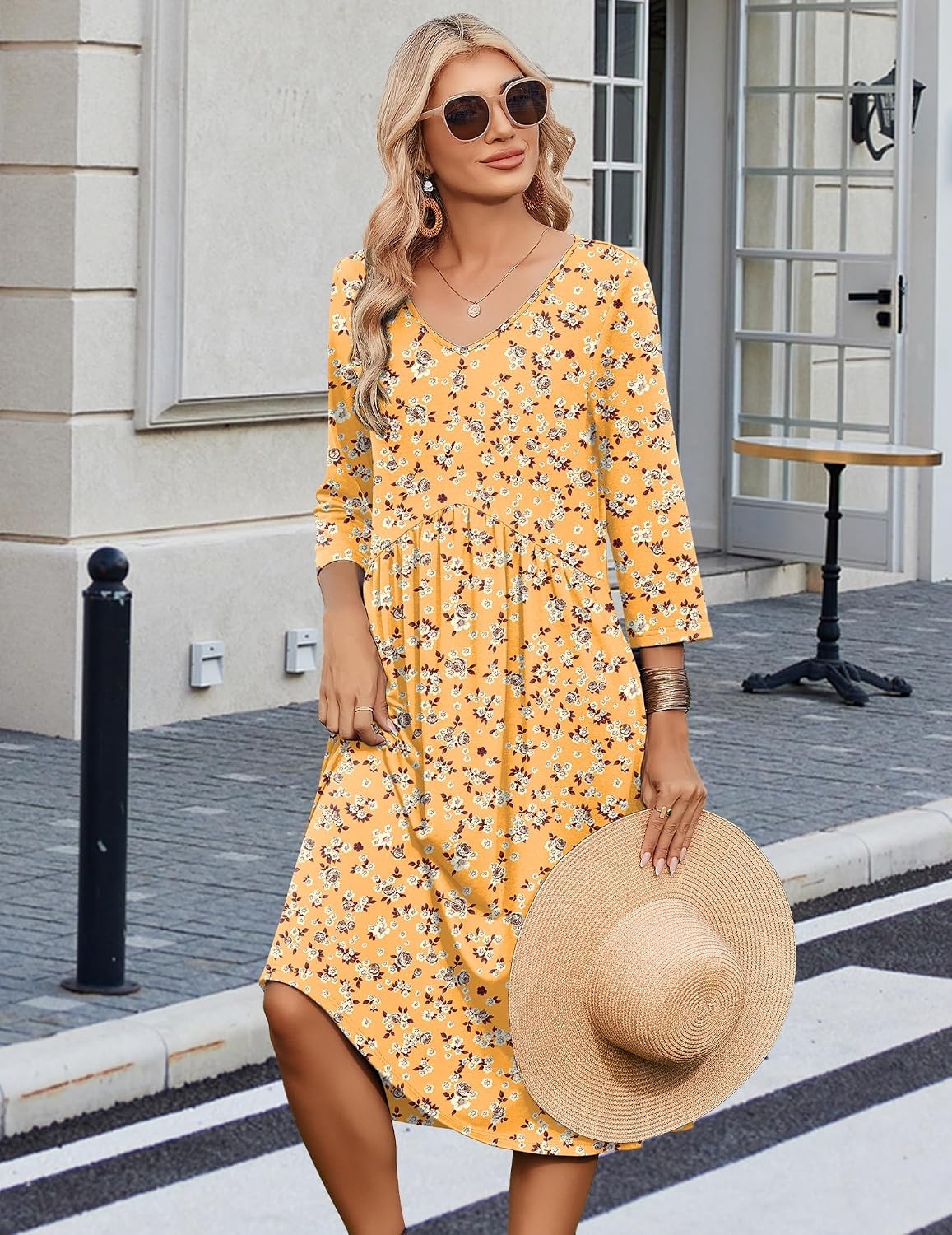 image:imageZeagoo Summer Dresses for Women 2026 34 Sleeve Casual Midi Tshirt DressesYellow Floral
