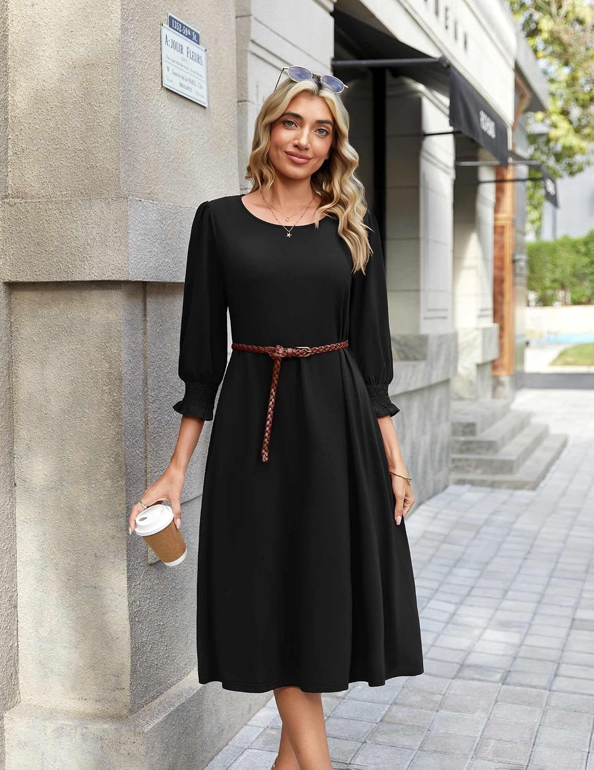 image:imageZeagoo Summer Dresses for Women 2026 34 Sleeve Dress for Women Floral Midi Dresses for Casual Womens Dresses with PocketsBlack