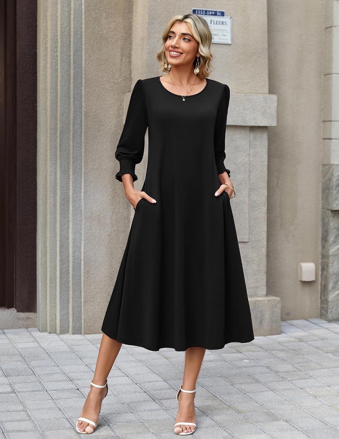 image:imageZeagoo Summer Dresses for Women 2026 34 Sleeve Dress for Women Floral Midi Dresses for Casual Womens Dresses with PocketsBlack
