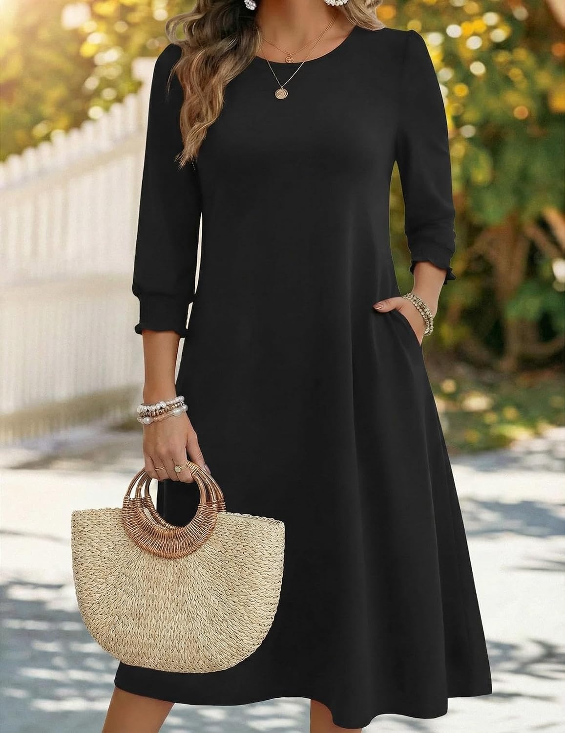 image:imageZeagoo Summer Dresses for Women 2026 34 Sleeve Dress for Women Floral Midi Dresses for Casual Womens Dresses with PocketsBlack