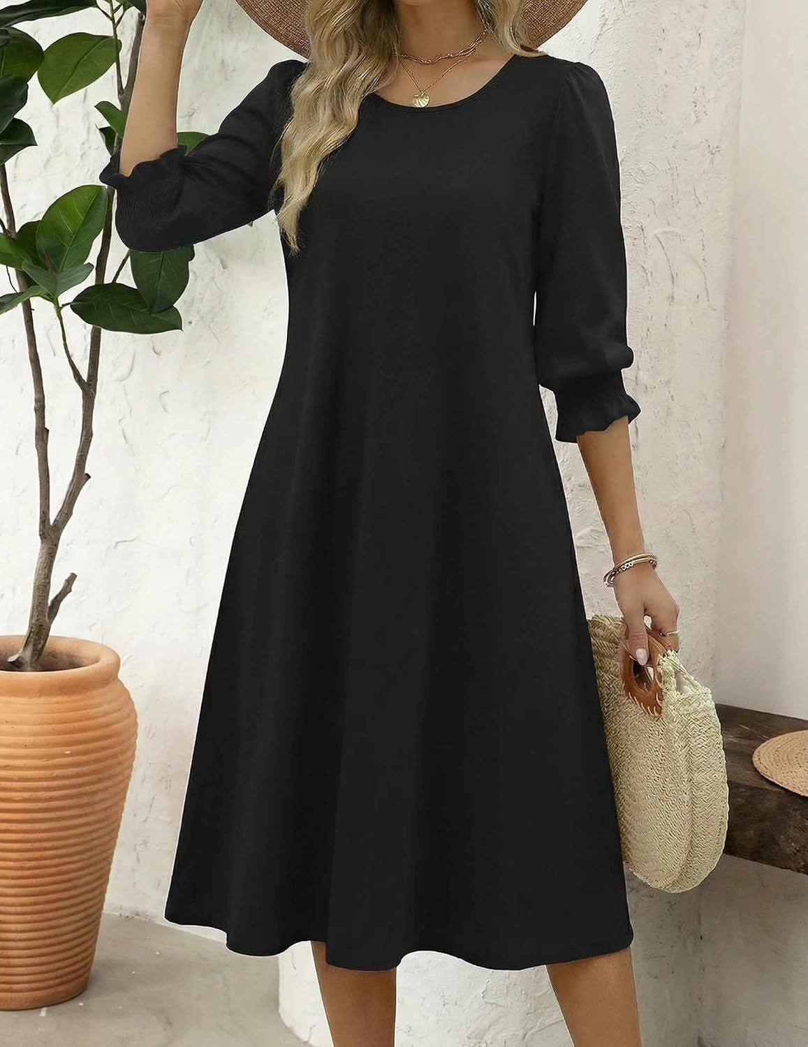 image:imageZeagoo Summer Dresses for Women 2026 34 Sleeve Dress for Women Floral Midi Dresses for Casual Womens Dresses with PocketsBlack