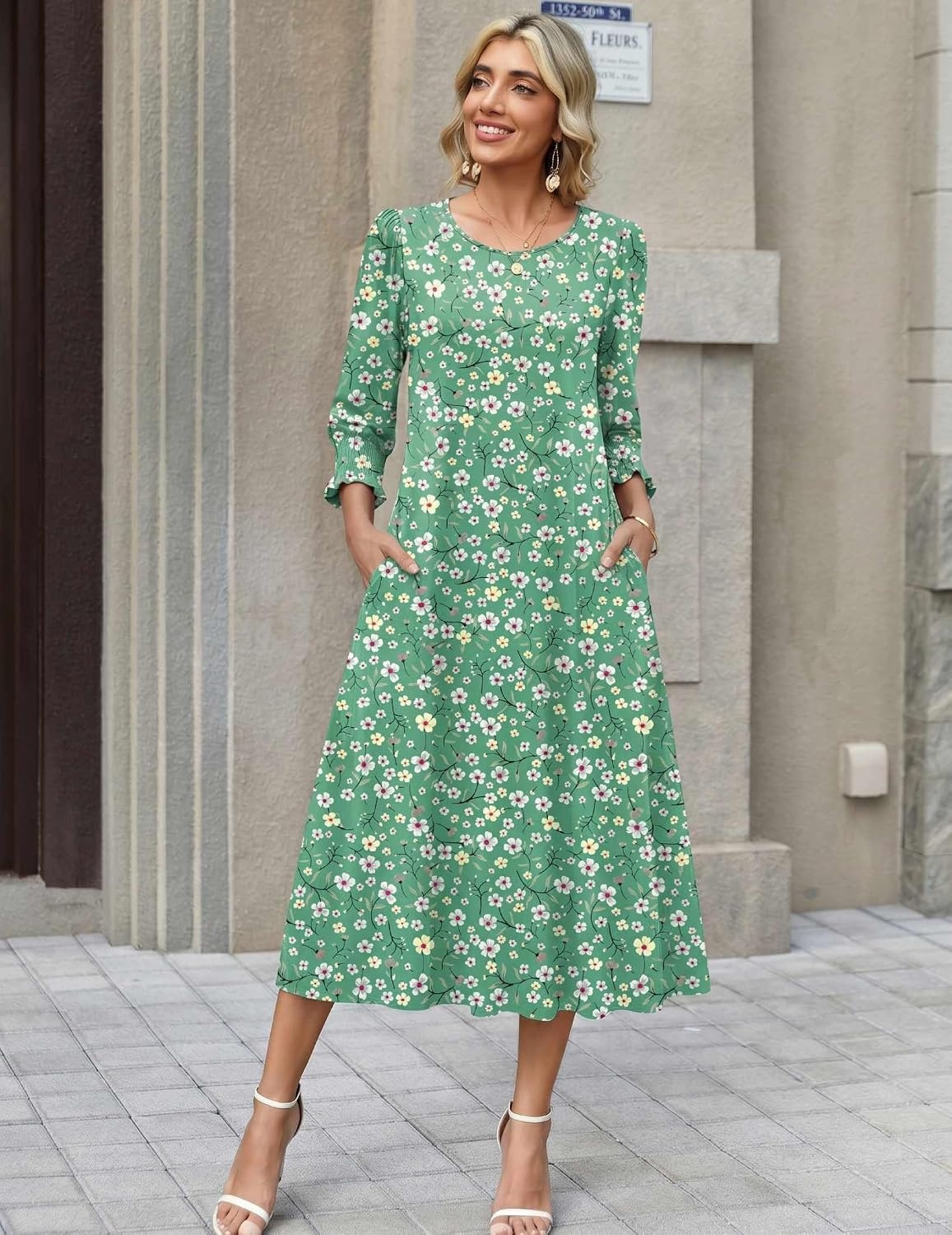 image:imageZeagoo Summer Dresses for Women 2026 34 Sleeve Dress for Women Floral Midi Dresses for Casual Womens Dresses with PocketsCfloralbf201new