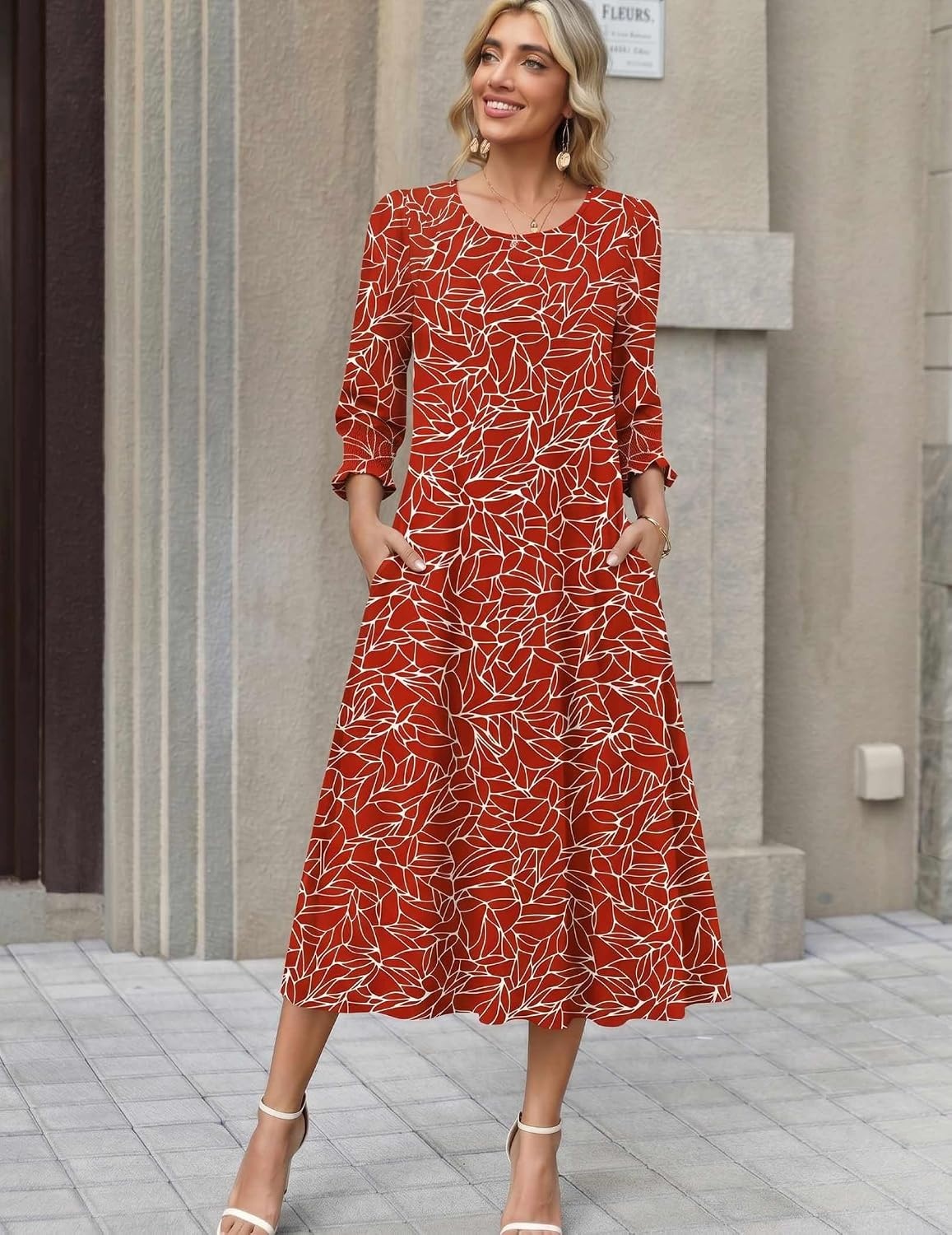 image:imageZeagoo Summer Dresses for Women 2026 34 Sleeve Dress for Women Floral Midi Dresses for Casual Womens Dresses with PocketsCfloralcx353new