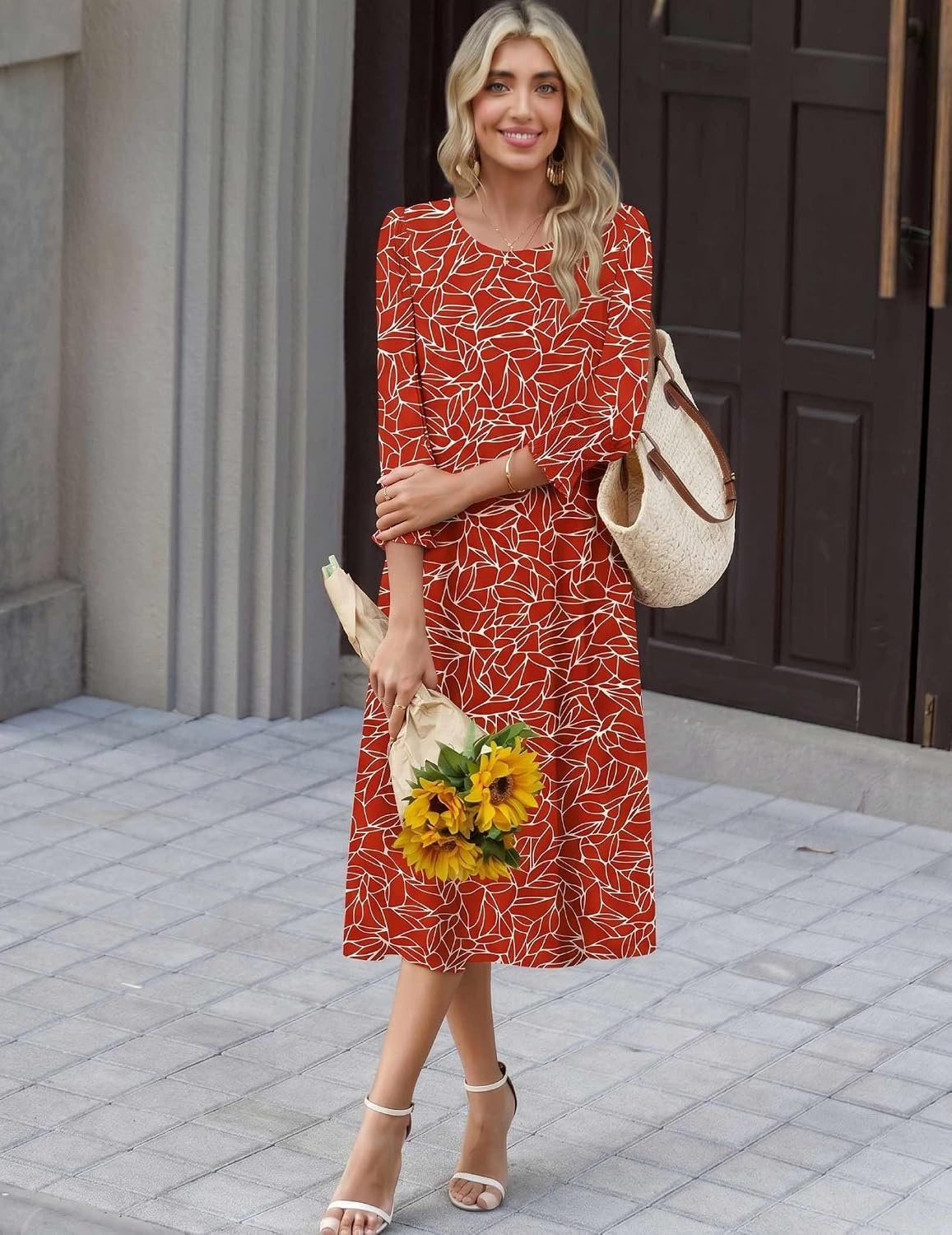 image:imageZeagoo Summer Dresses for Women 2026 34 Sleeve Dress for Women Floral Midi Dresses for Casual Womens Dresses with PocketsCfloralcx353new