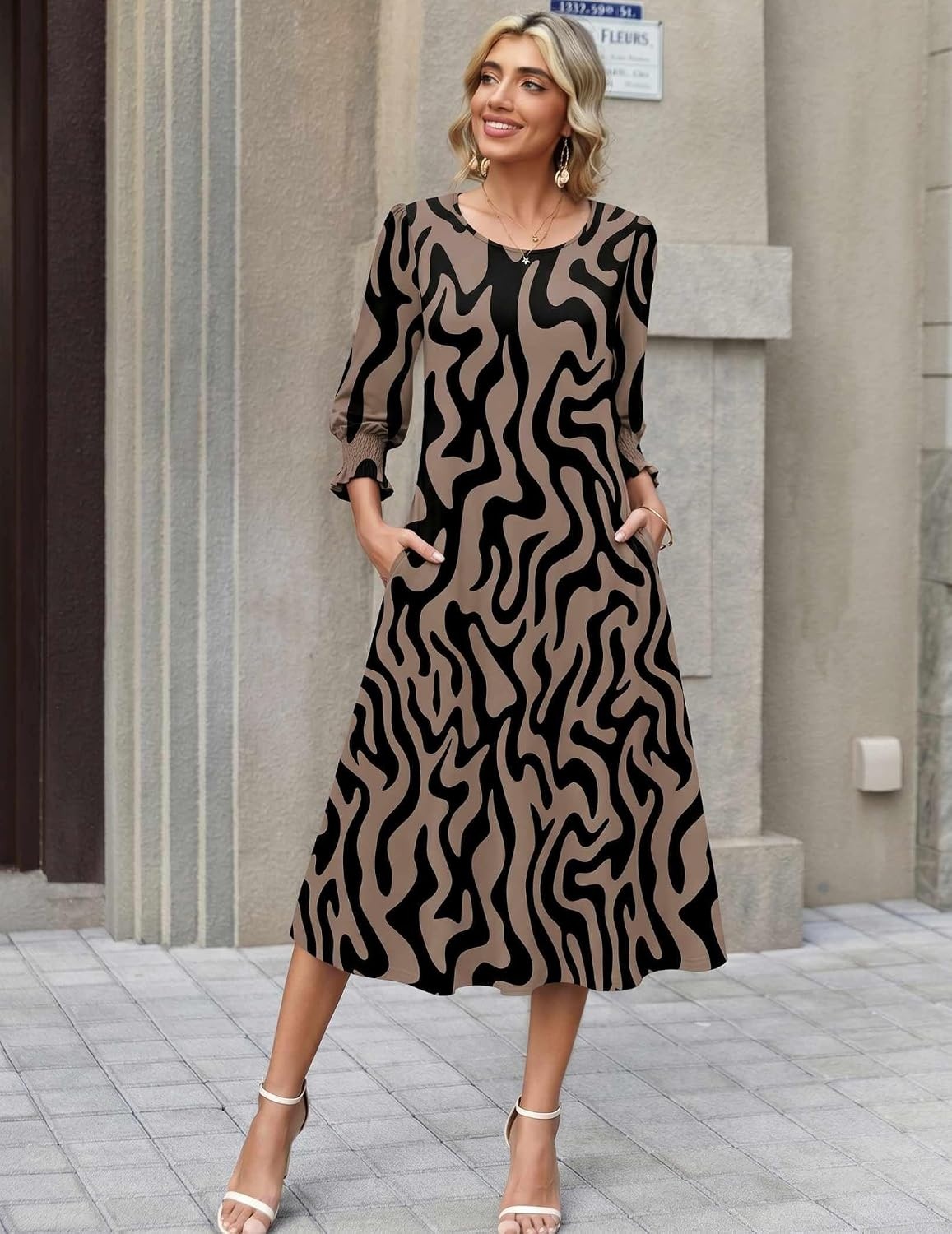 image:imageZeagoo Summer Dresses for Women 2026 34 Sleeve Dress for Women Floral Midi Dresses for Casual Womens Dresses with PocketsCfloralcx358new