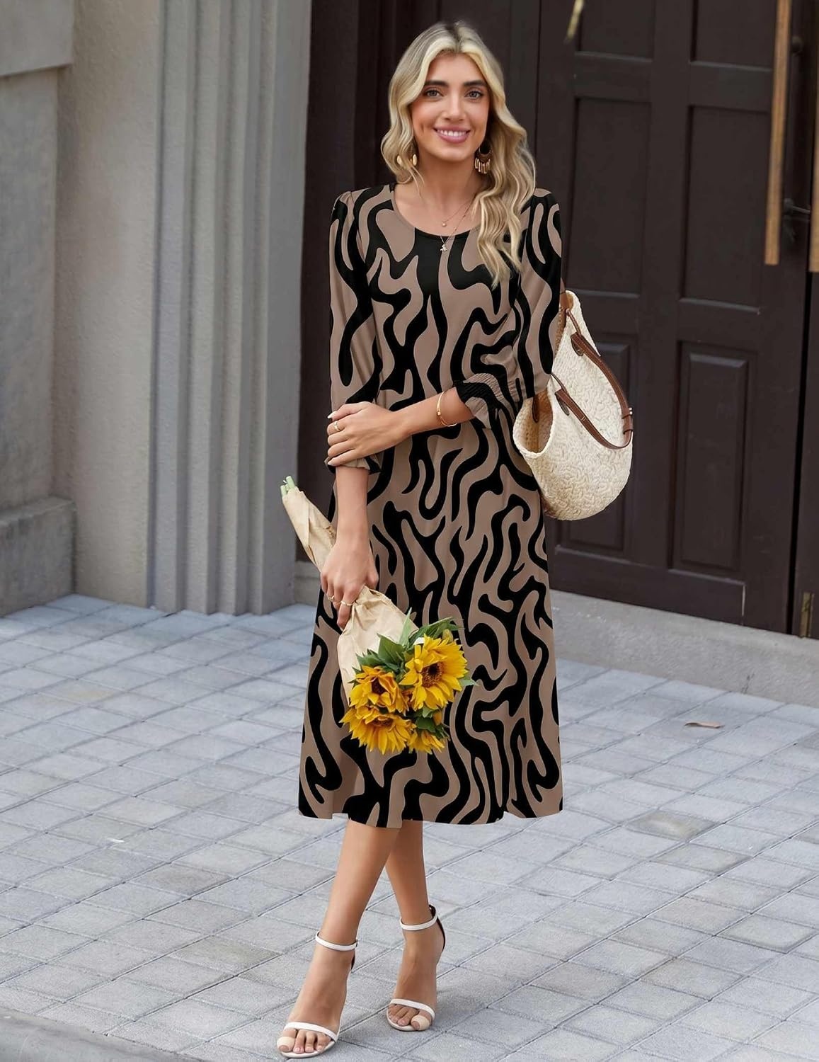image:imageZeagoo Summer Dresses for Women 2026 34 Sleeve Dress for Women Floral Midi Dresses for Casual Womens Dresses with PocketsCfloralcx358new