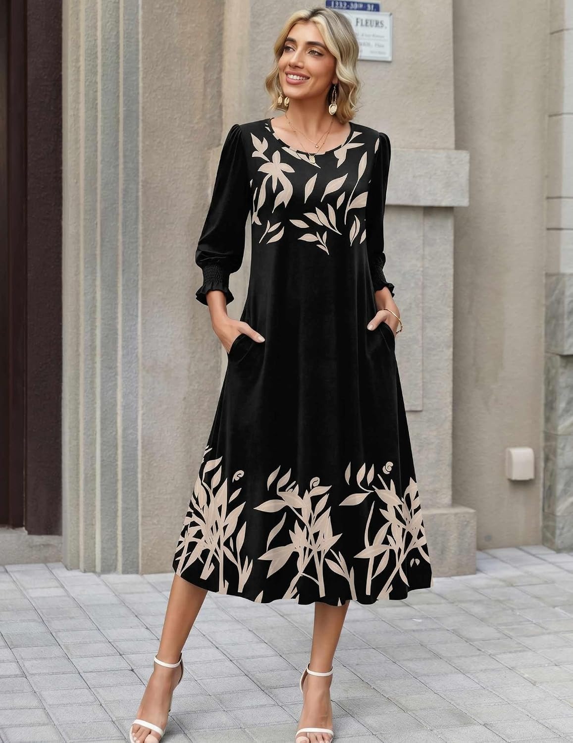 image:imageZeagoo Summer Dresses for Women 2026 34 Sleeve Dress for Women Floral Midi Dresses for Casual Womens Dresses with PocketsCfloralpa356new