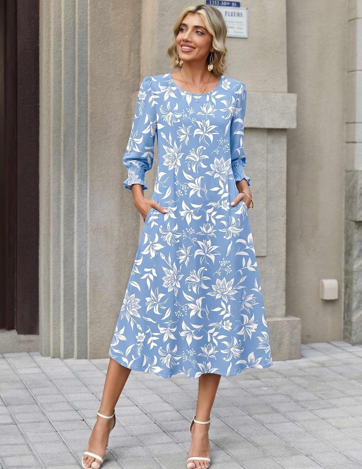 image:imageZeagoo Summer Dresses for Women 2026 34 Sleeve Dress for Women Floral Midi Dresses for Casual Womens Dresses with PocketsCfloralsf378new