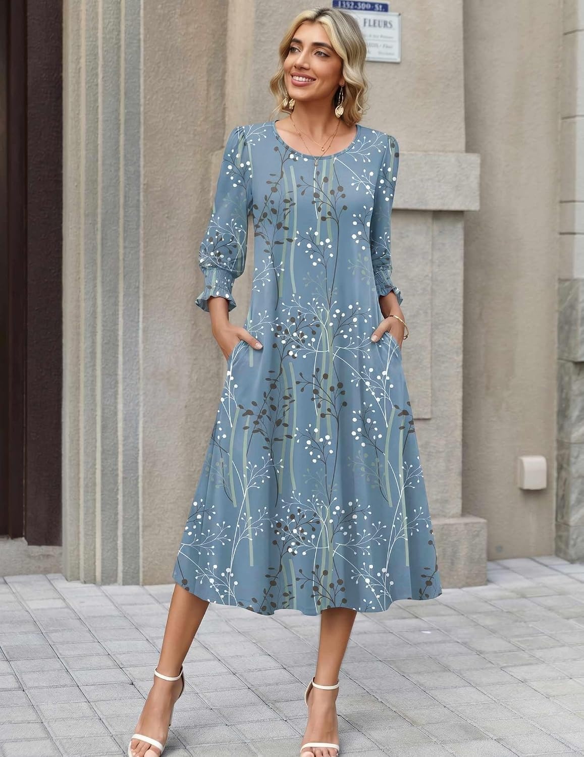 image:imageZeagoo Summer Dresses for Women 2026 34 Sleeve Dress for Women Floral Midi Dresses for Casual Womens Dresses with PocketsCfloralsp111new