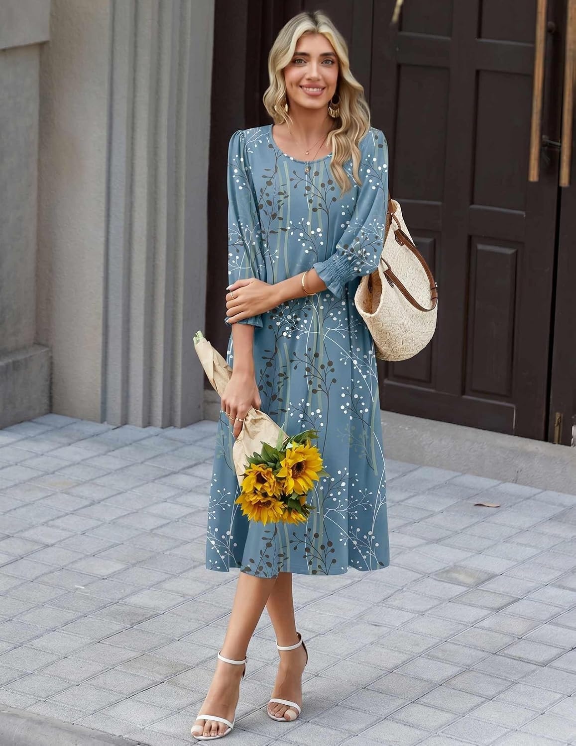 image:imageZeagoo Summer Dresses for Women 2026 34 Sleeve Dress for Women Floral Midi Dresses for Casual Womens Dresses with PocketsCfloralsp111new
