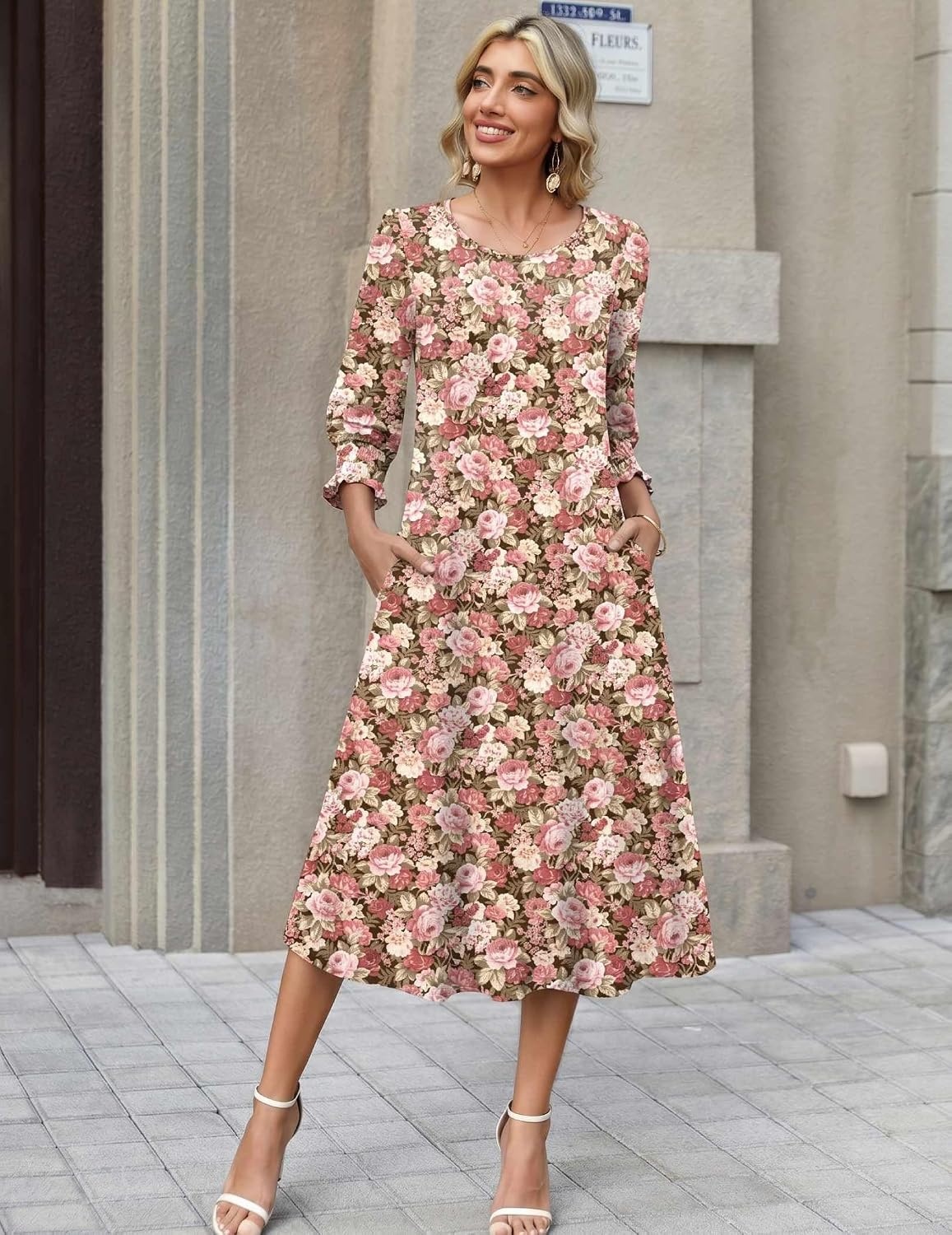 image:imageZeagoo Summer Dresses for Women 2026 34 Sleeve Dress for Women Floral Midi Dresses for Casual Womens Dresses with PocketsCfloralwf87new