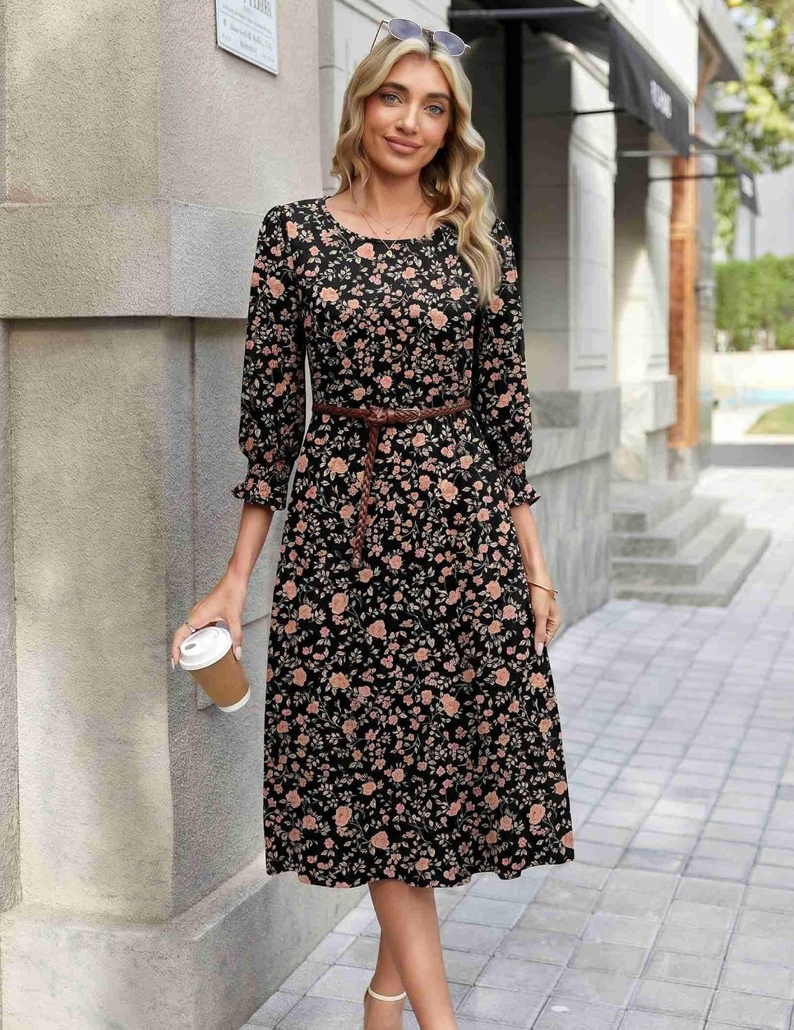 image:imageZeagoo Summer Dresses for Women 2026 34 Sleeve Dress for Women Floral Midi Dresses for Casual Womens Dresses with PocketsCfloralxh532new