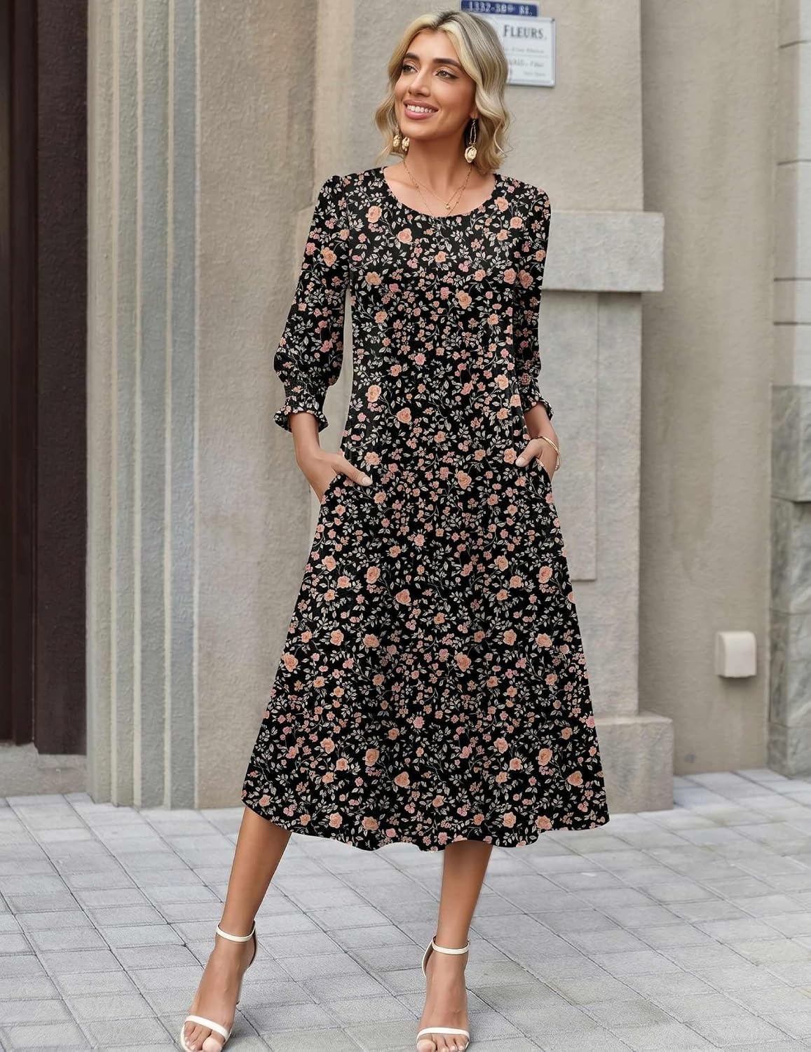 image:imageZeagoo Summer Dresses for Women 2026 34 Sleeve Dress for Women Floral Midi Dresses for Casual Womens Dresses with PocketsCfloralxh532new
