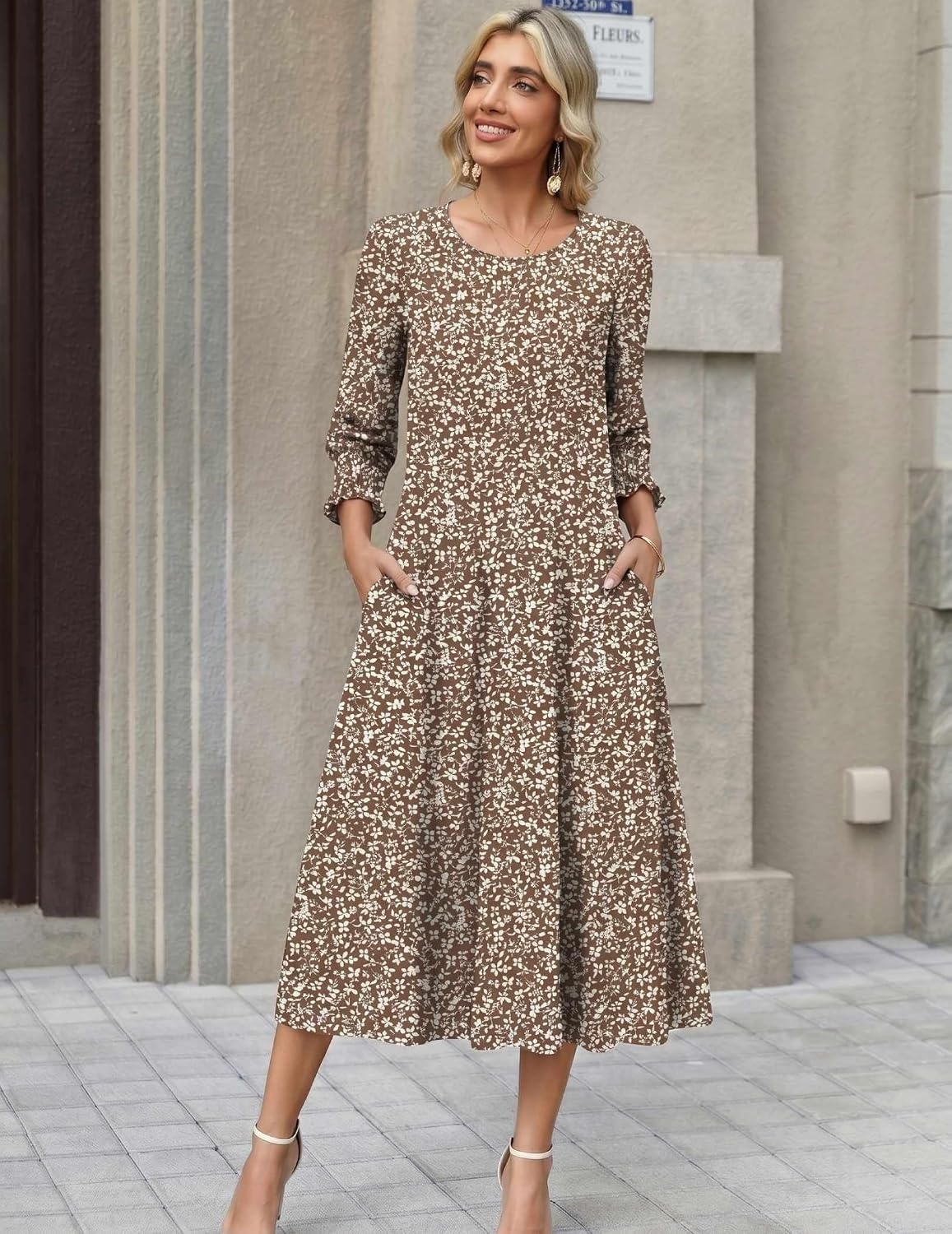 image:imageZeagoo Summer Dresses for Women 2026 34 Sleeve Dress for Women Floral Midi Dresses for Casual Womens Dresses with PocketsCfloralxh594new