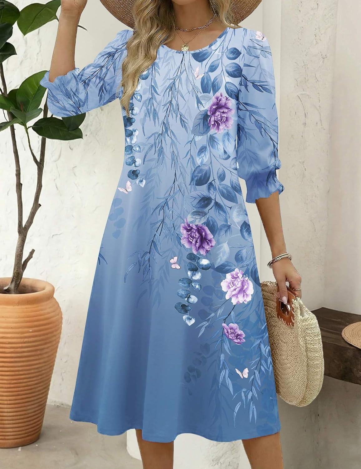 image:imageZeagoo Summer Dresses for Women 2026 34 Sleeve Dress for Women Floral Midi Dresses for Casual Womens Dresses with PocketsFloralbf171