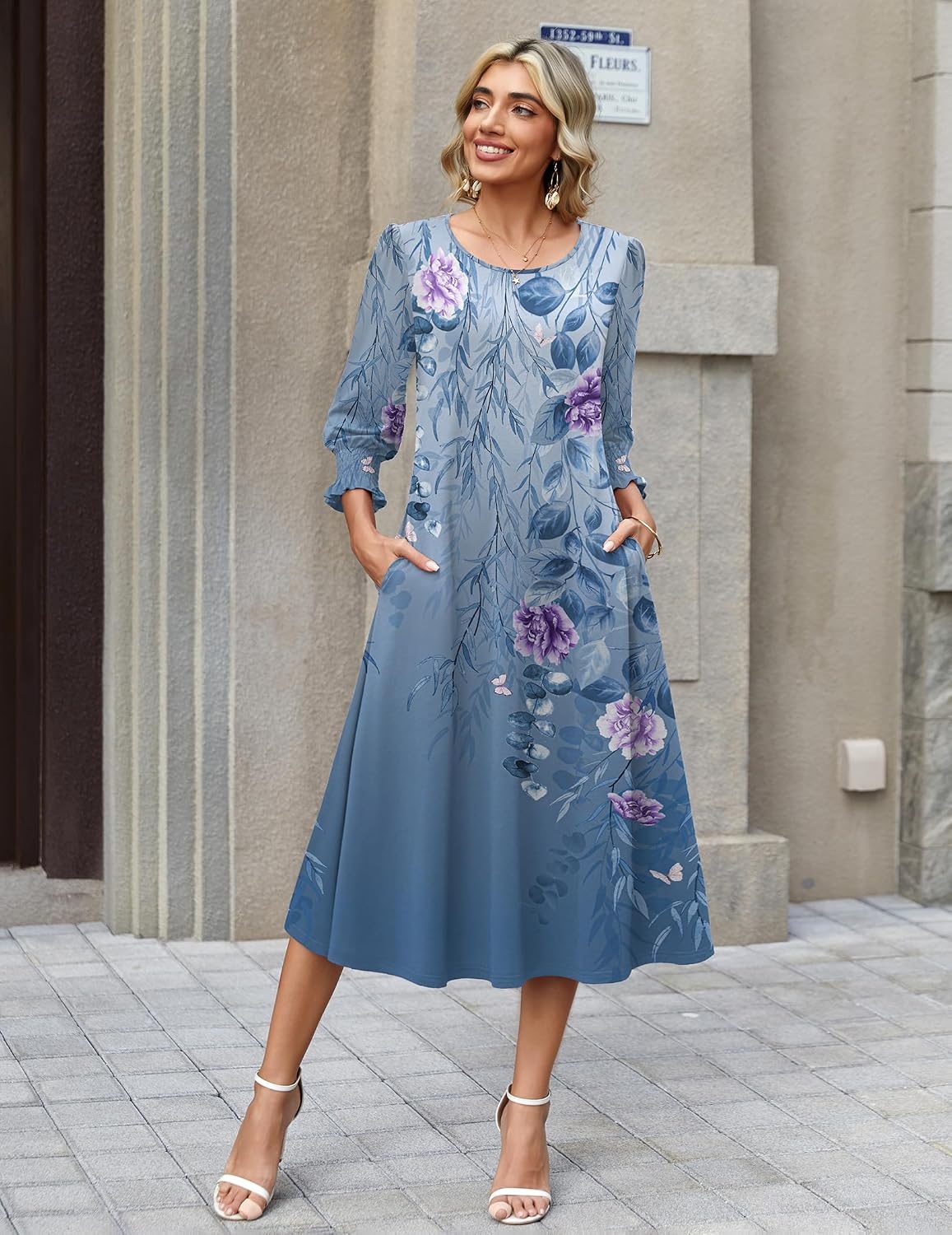 image:imageZeagoo Summer Dresses for Women 2026 34 Sleeve Dress for Women Floral Midi Dresses for Casual Womens Dresses with PocketsFloralbf171
