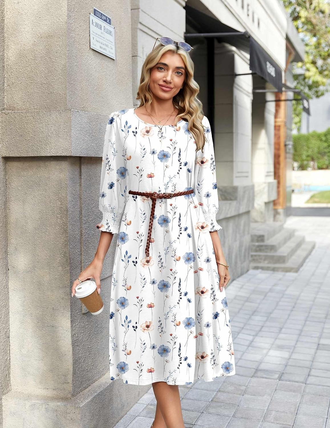 image:imageZeagoo Summer Dresses for Women 2026 34 Sleeve Dress for Women Floral Midi Dresses for Casual Womens Dresses with PocketsFloralbf290