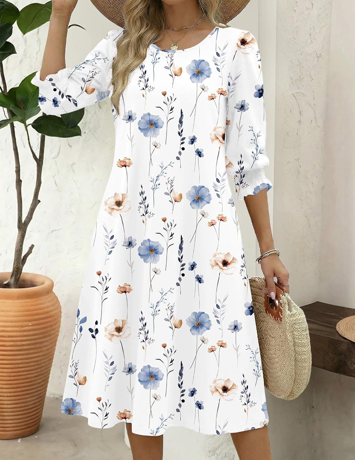 image:imageZeagoo Summer Dresses for Women 2026 34 Sleeve Dress for Women Floral Midi Dresses for Casual Womens Dresses with PocketsFloralbf290