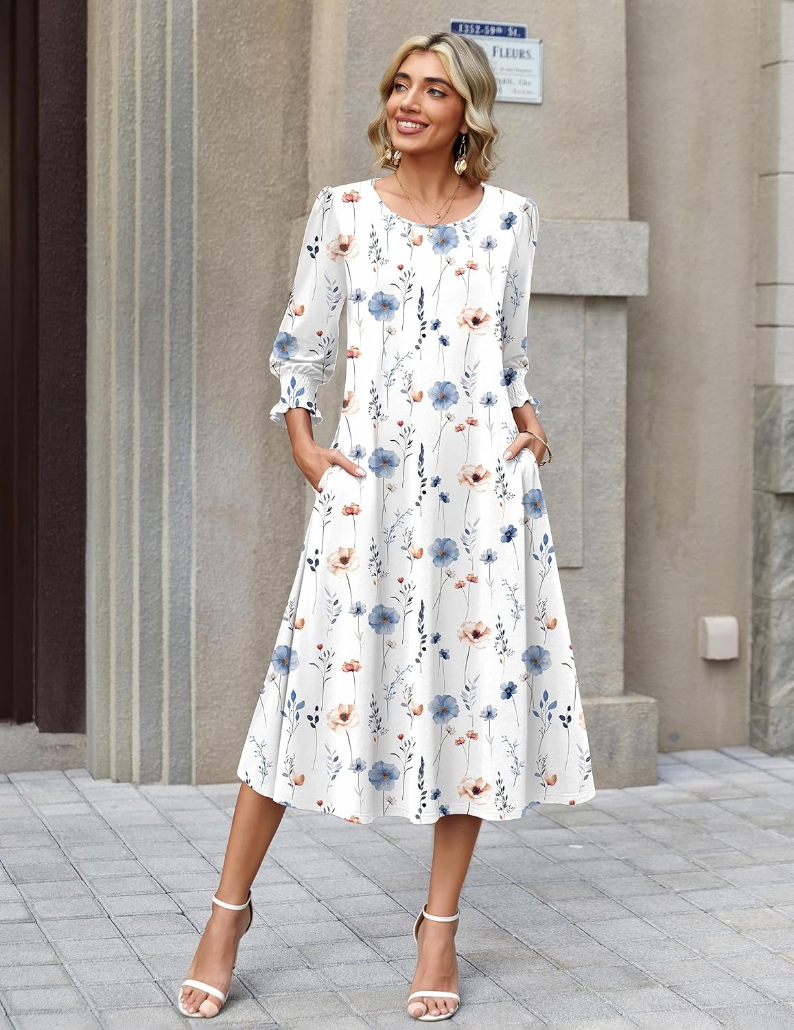 image:imageZeagoo Summer Dresses for Women 2026 34 Sleeve Dress for Women Floral Midi Dresses for Casual Womens Dresses with PocketsFloralbf290