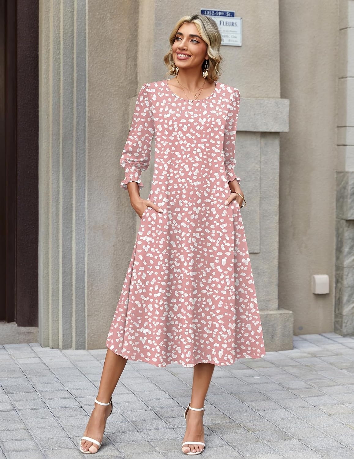 image:imageZeagoo Summer Dresses for Women 2026 34 Sleeve Dress for Women Floral Midi Dresses for Casual Womens Dresses with PocketsFloraljh589