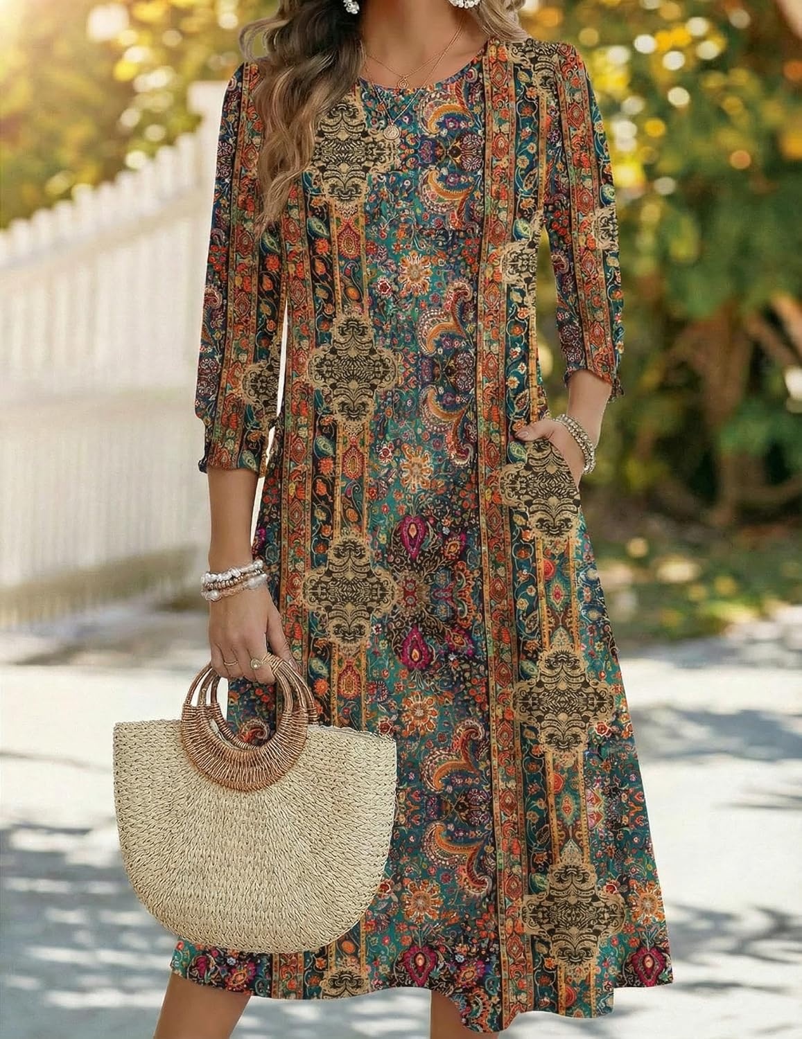 image:imageZeagoo Summer Dresses for Women 2026 34 Sleeve Dress for Women Floral Midi Dresses for Casual Womens Dresses with PocketsFloralmz721