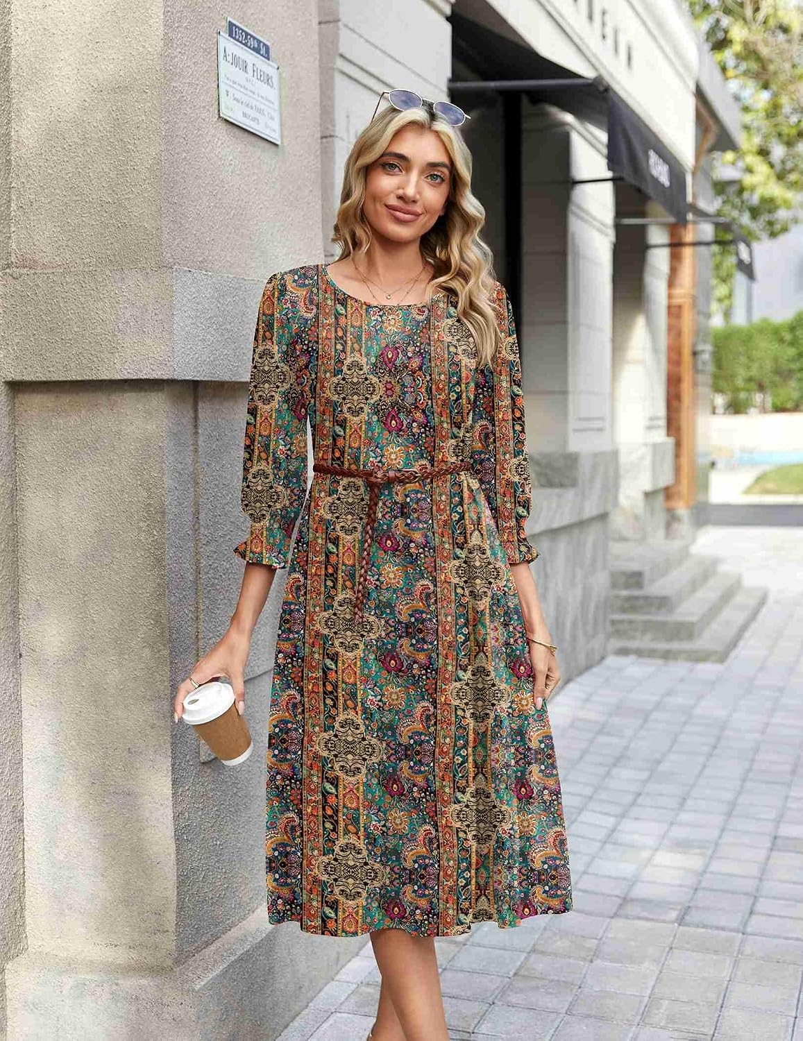 image:imageZeagoo Summer Dresses for Women 2026 34 Sleeve Dress for Women Floral Midi Dresses for Casual Womens Dresses with PocketsFloralmz721