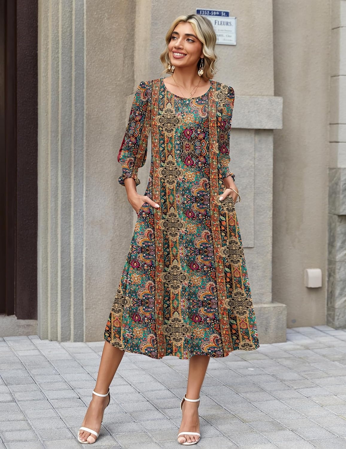image:imageZeagoo Summer Dresses for Women 2026 34 Sleeve Dress for Women Floral Midi Dresses for Casual Womens Dresses with PocketsFloralmz721