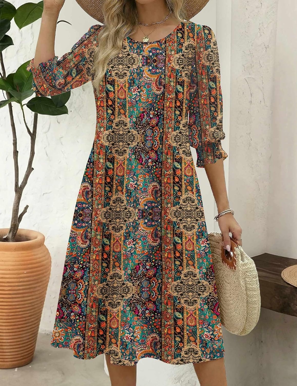 image:imageZeagoo Summer Dresses for Women 2026 34 Sleeve Dress for Women Floral Midi Dresses for Casual Womens Dresses with PocketsFloralmz721