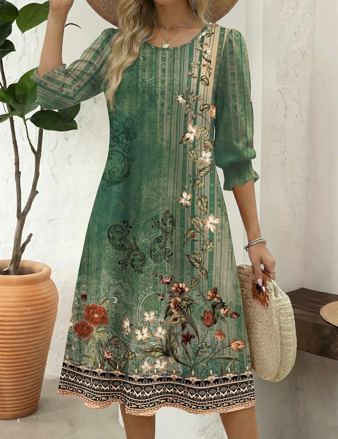 image:imageZeagoo Summer Dresses for Women 2026 34 Sleeve Dress for Women Floral Midi Dresses for Casual Womens Dresses with PocketsFloralmz840